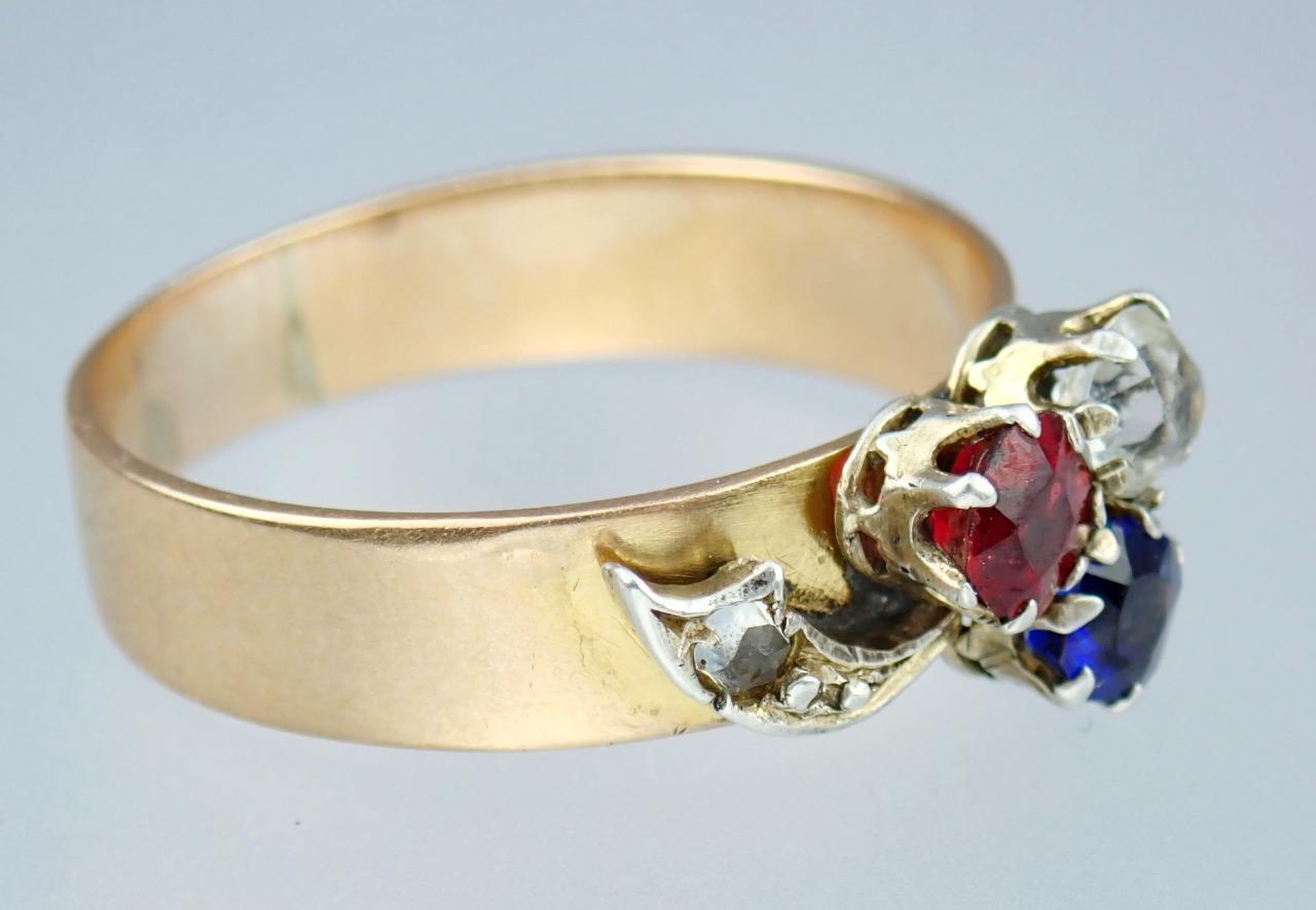 Charming Antique Victorian 14K Rose Gold Red White Blue Paste Floral Ring Size 8