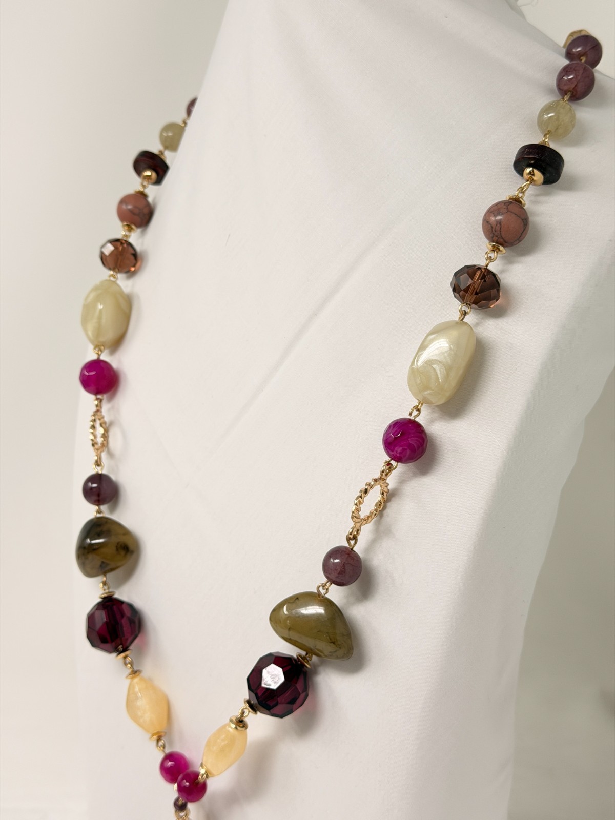 CHICO’S Gold Tone Purple Green Cream Acrylic Bead Y Drop Necklace