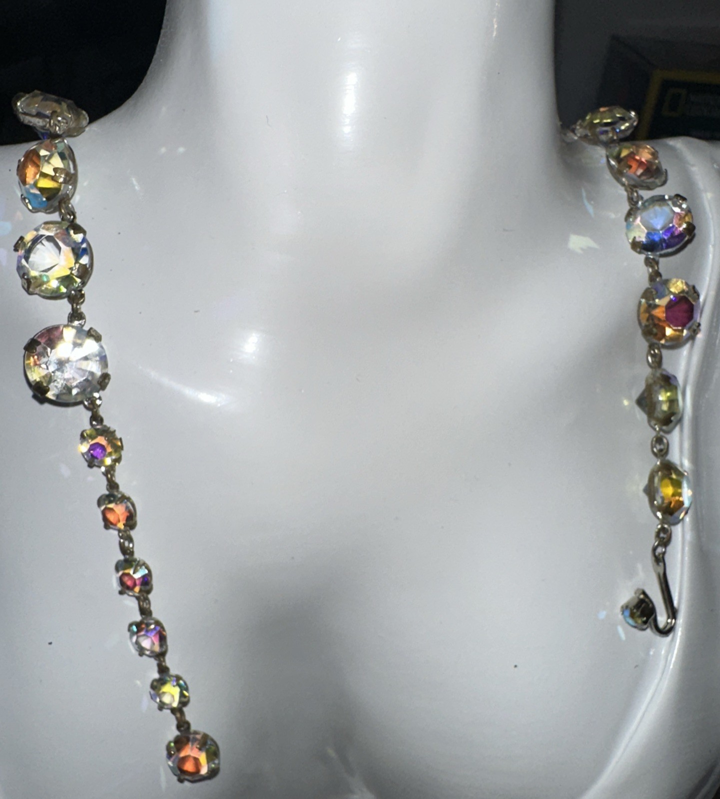 Vntg 1950’s Art Deco Revival AB Faceted Crystal Riviere Necklace Elegant Shimmer