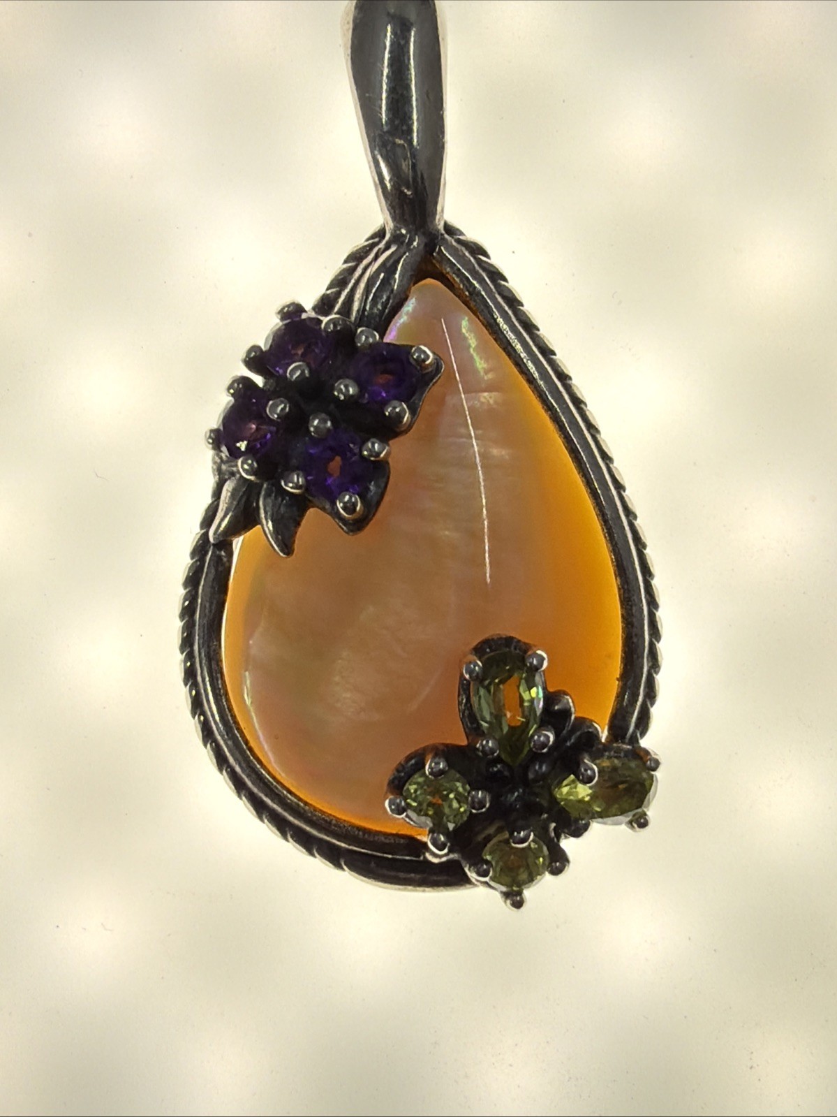 Vtg Carolyn Pollack Relios Mother Pearl Multi stone Flower Butterfly Pendant 925