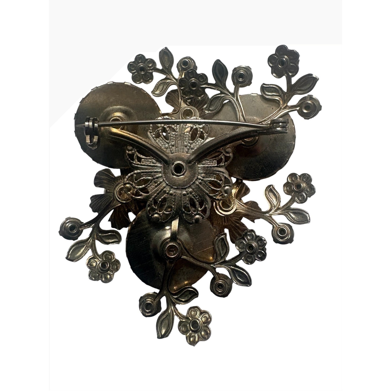 Vintage Aurora Borealis Rhinestone Faux Pearl Carved Flower Floral Brooch Pin