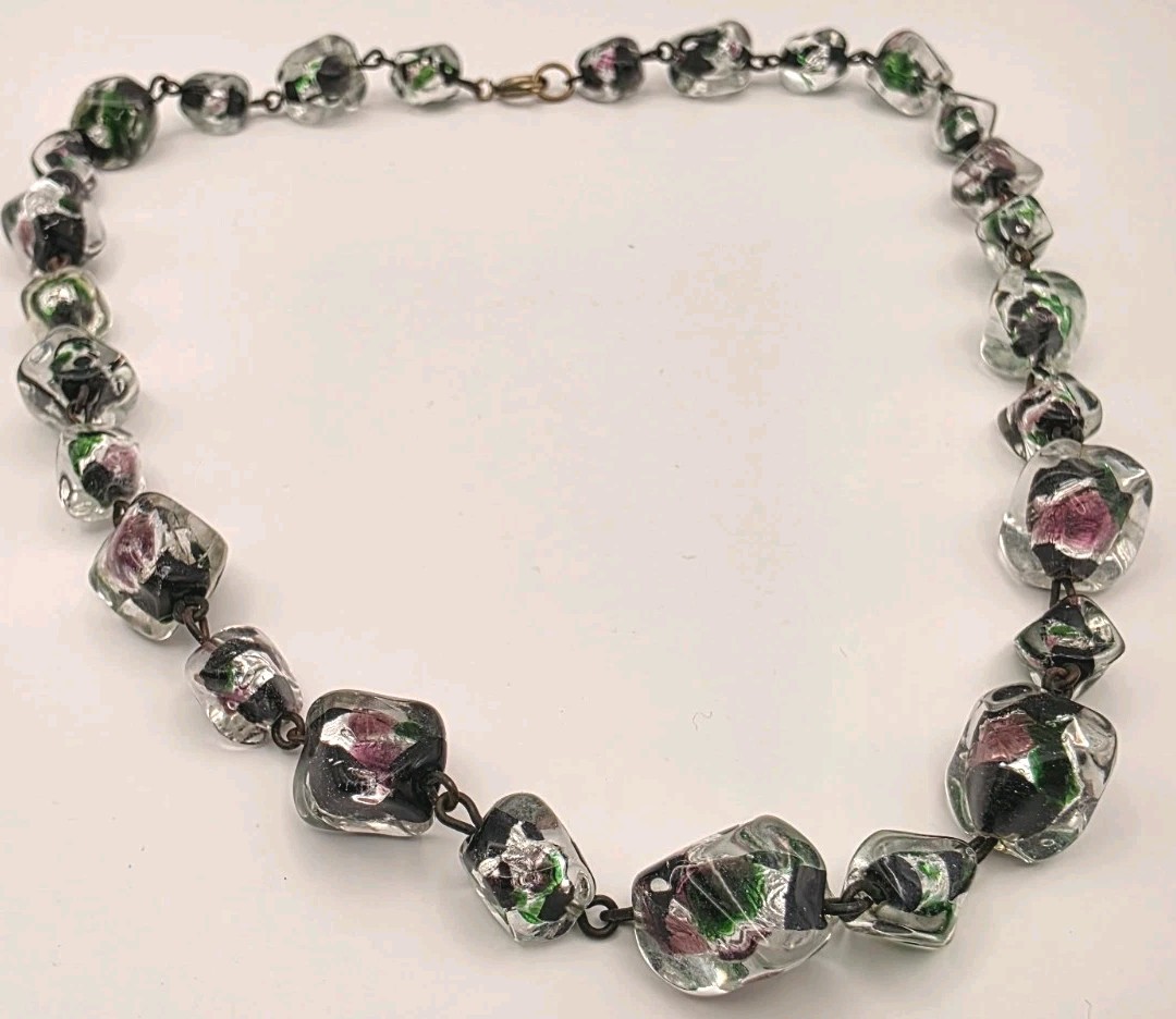Vintage Peacock Foil Back Encrusted In Venetian Murano Glass Beaded Necklace