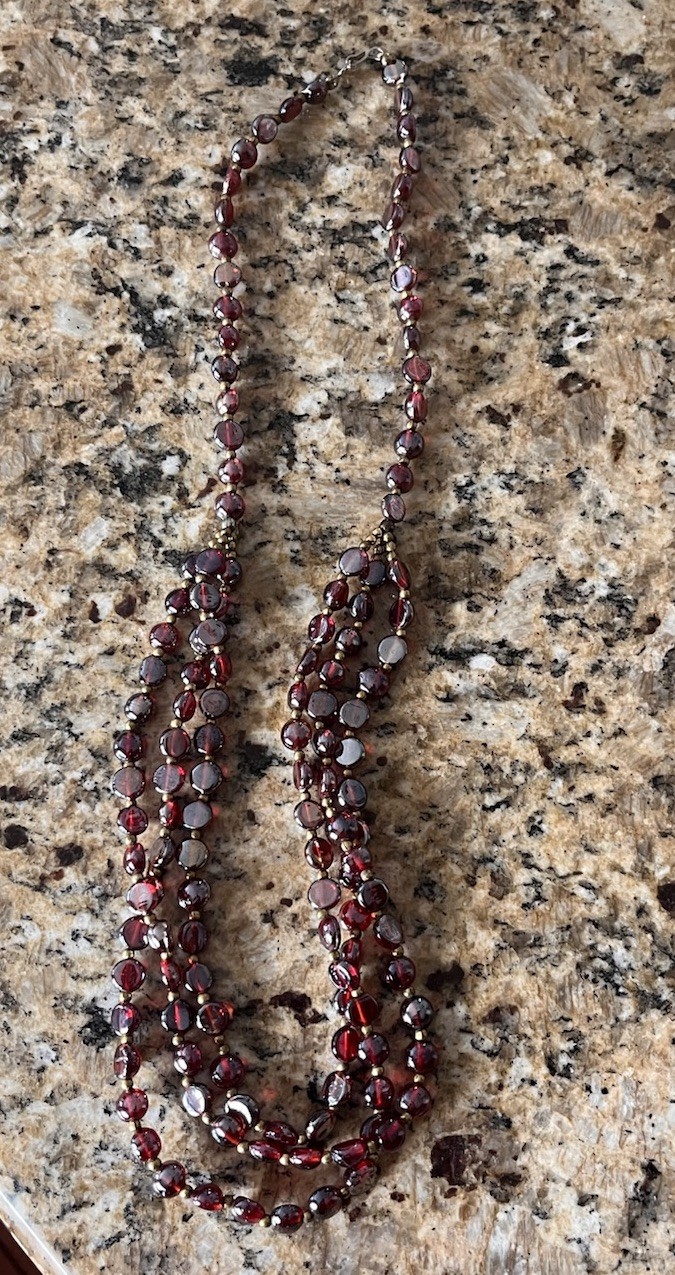 Vintage Red Garnet Iridescent Glass Gold Beaded Triple Layered 30” Bib Necklace