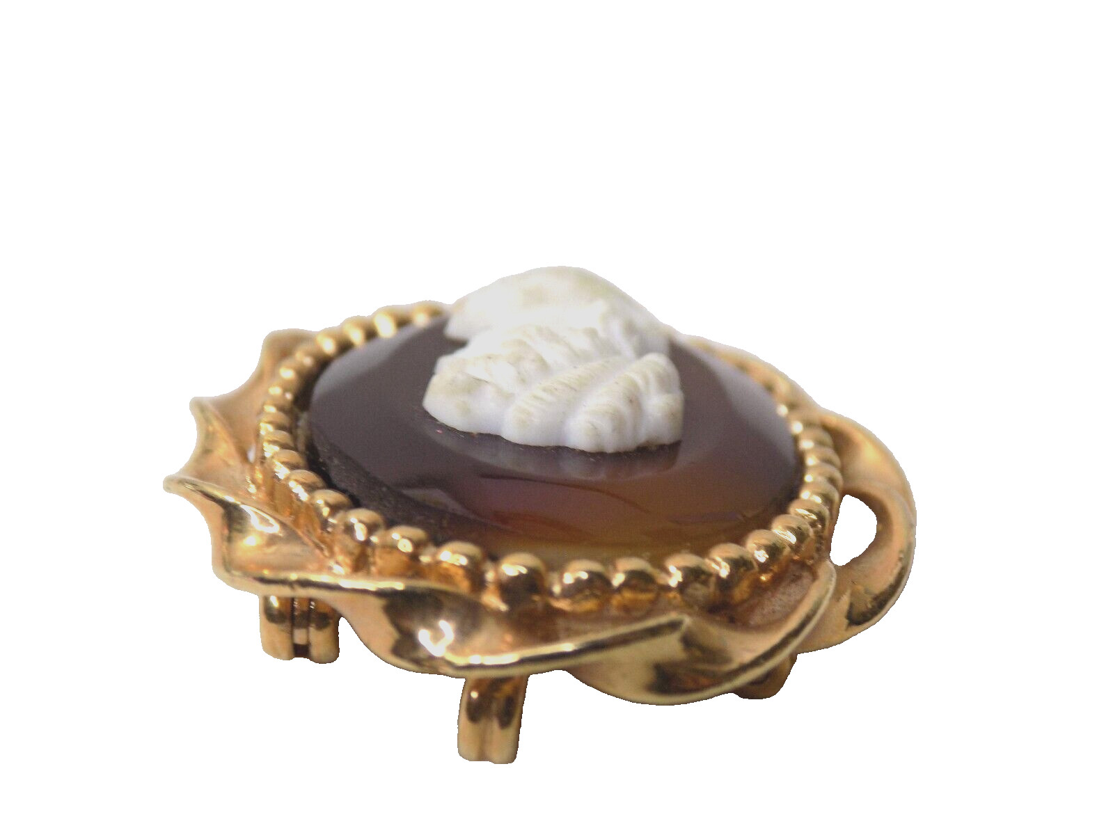 Vintage Emmons Cameo Brooch Gold-tone Brown White Victorian Lady 1-3/8″ Long