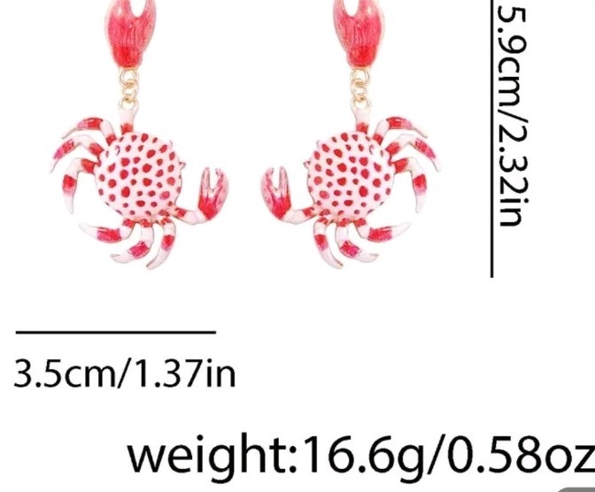 Enamel Red&white Drip Painted Crab Earrings Dangle, Goldtone