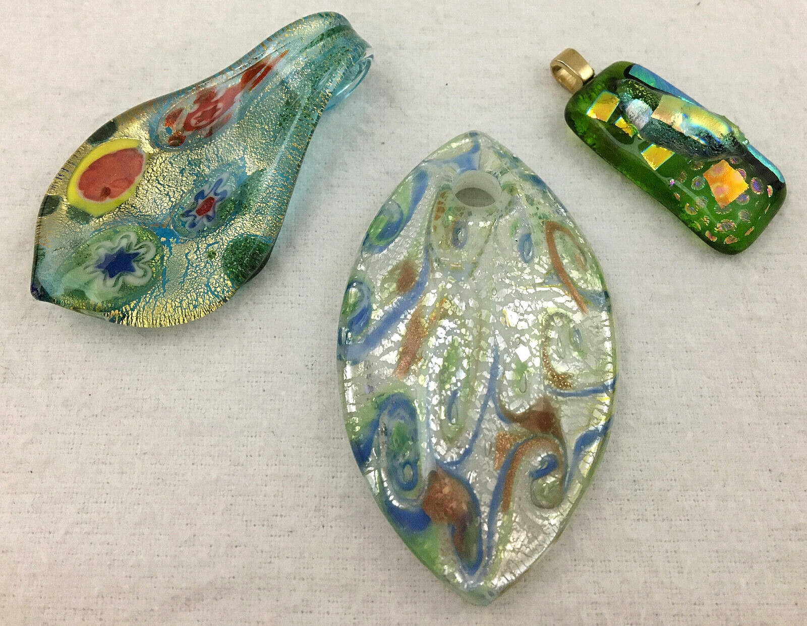 Lot of 3 Art Glass Porcelain Pendants Mosaic Abstract Designs Metallic Foil