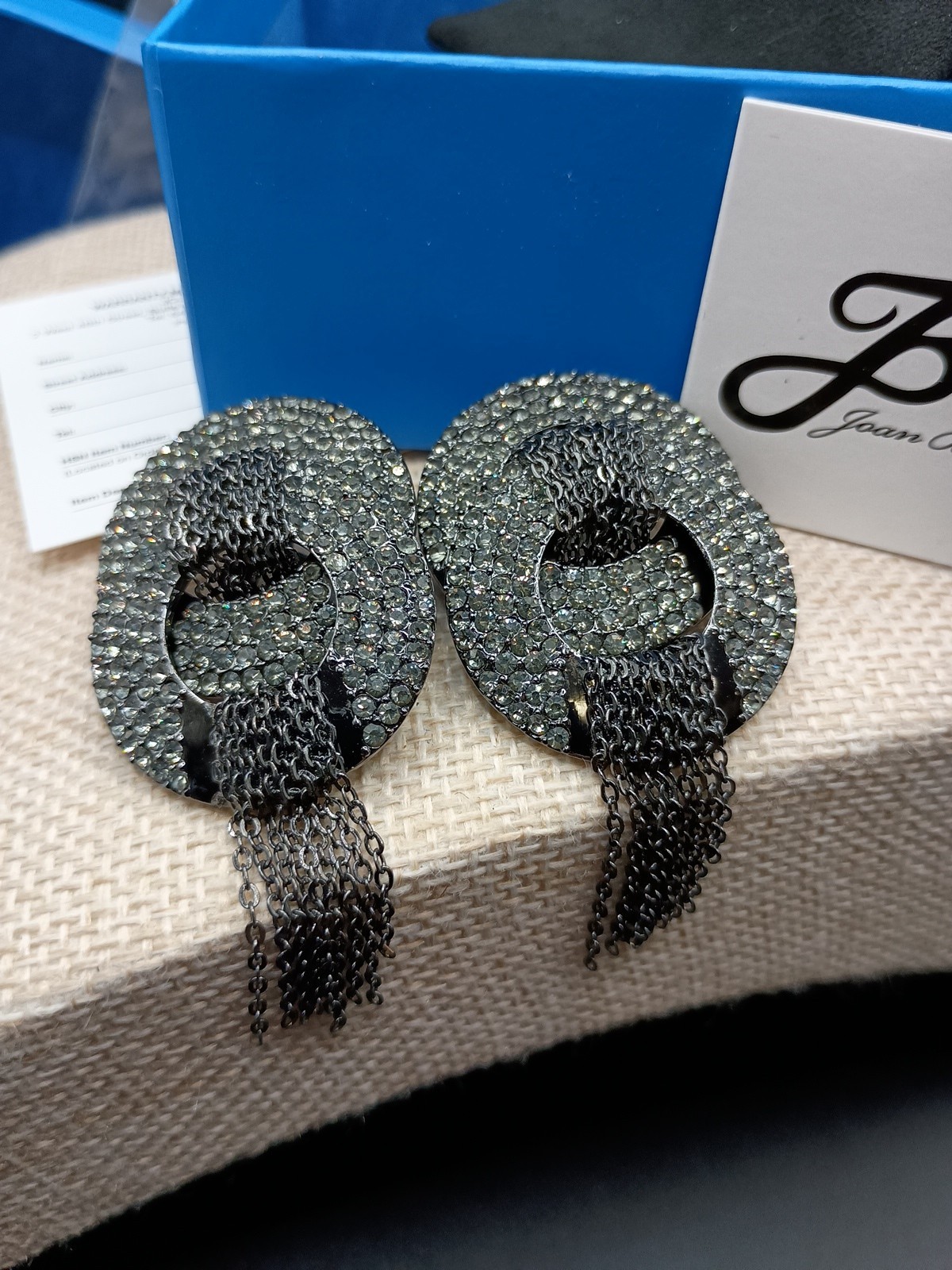 Joan Boyce Rhinestone Pierced Earrings Tassel Hoop Black HSN Signed In Box VTG