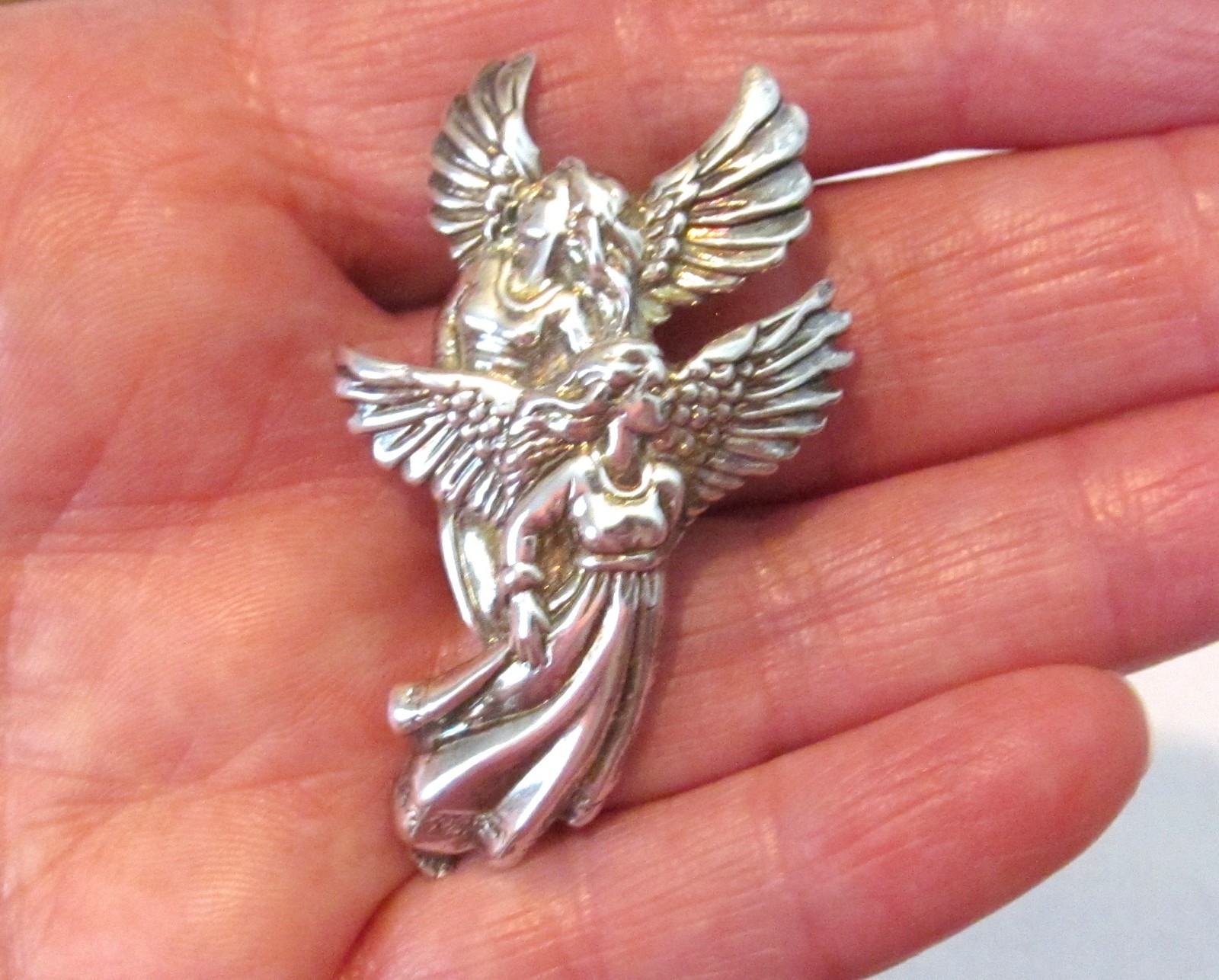 Vintage Shube Dimensional Angels Solid Sterling Silver Pendant Pin Brooch 2″long