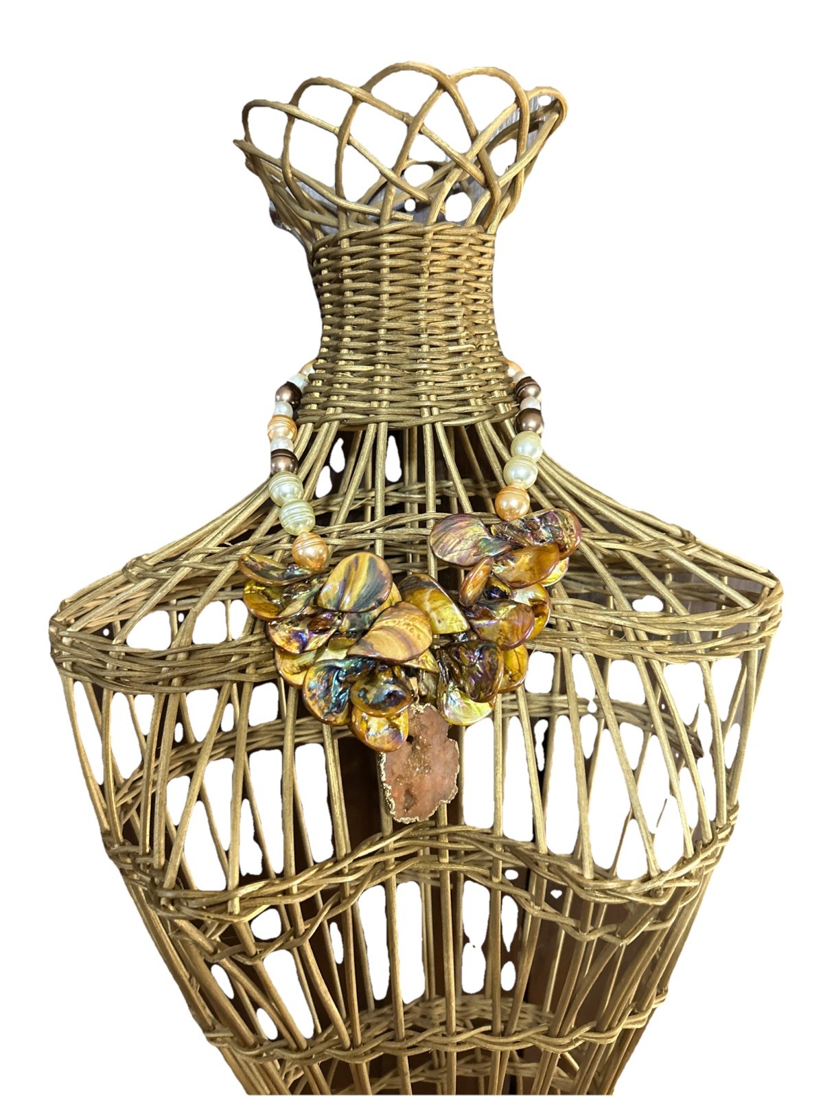 Statement Necklace Amber Abalone Shells W Geode Crystal Handmade! Quality Made!
