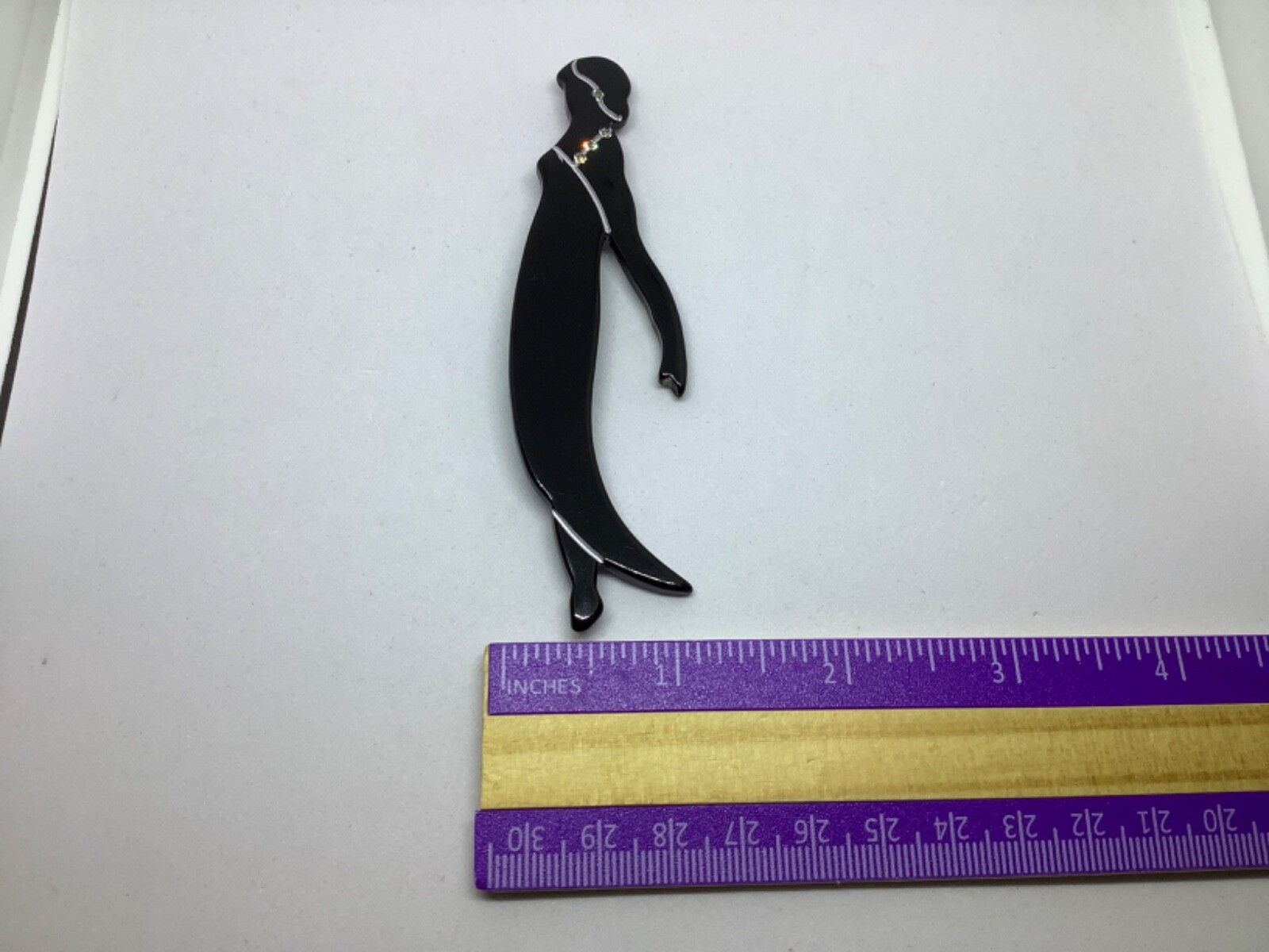 Vintage Lucite Brooch Pin Flapper Lady Black Clear Rhinestones Large 4 inch