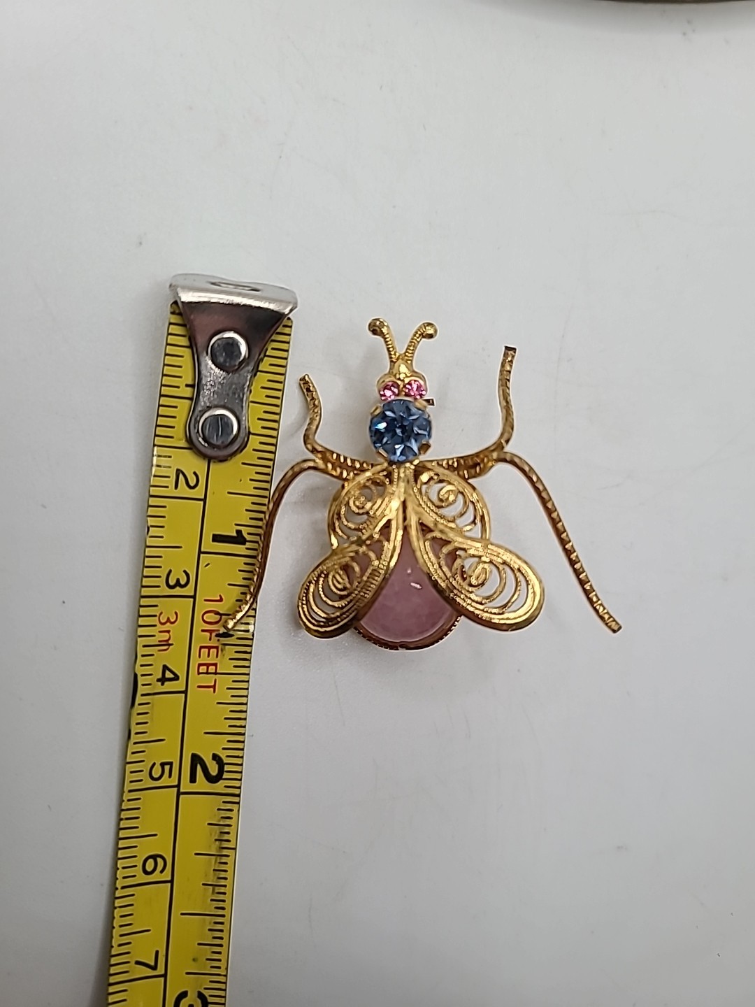 Vintage Goldtone Filagree Rhinestone Pink Blue Winged Bug Insect Brooch