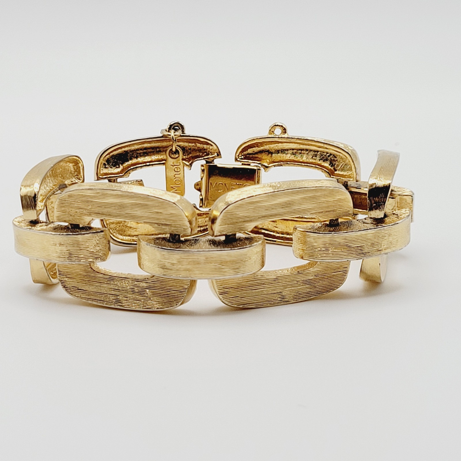 Monet Chunky Square Link Gold Tone Brush Finish Vintage Bracelet No Safety Chain