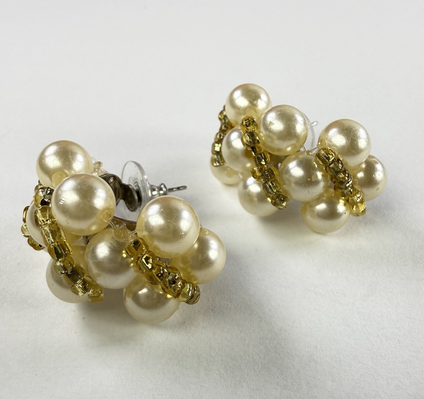 Vtg Faux Pearl Cluster Earrings Omega Back Post Ivory Gold Beaded Bridal