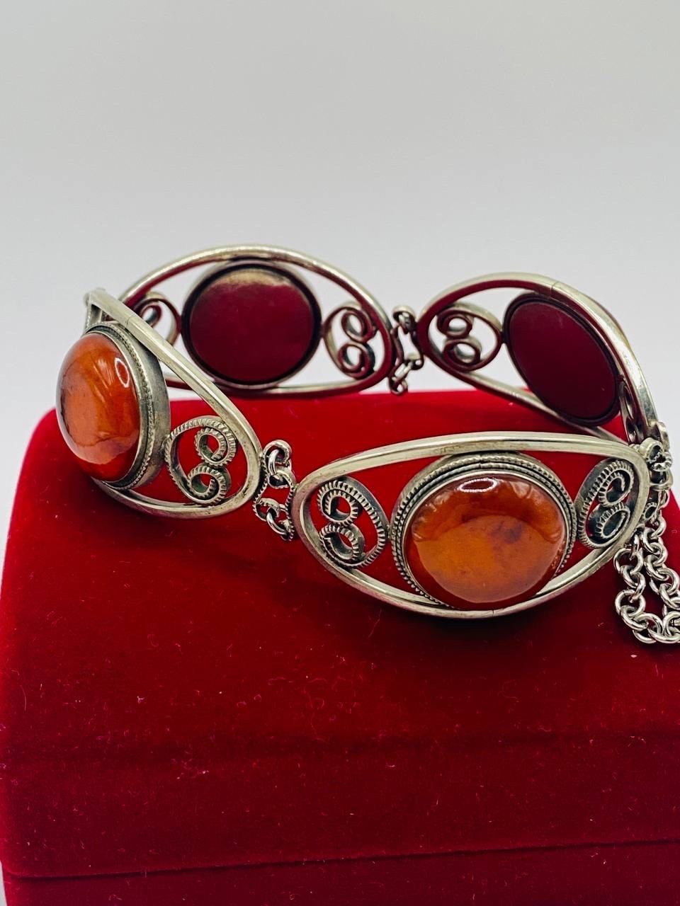Antique Soviet filigree Chalcedony Silver Bracelet Hand Crafted
