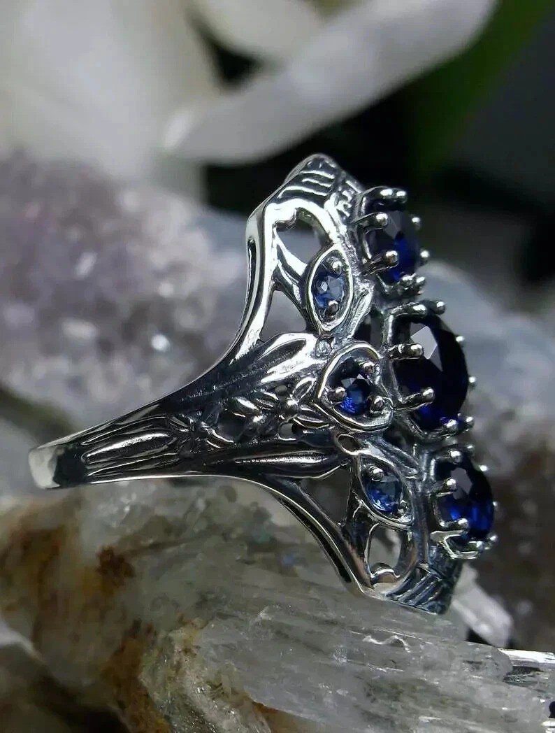 Art Deco 3.6Ct Blue Lab Created Sapphire Wedding 14K White Gold FN Filigree Ring