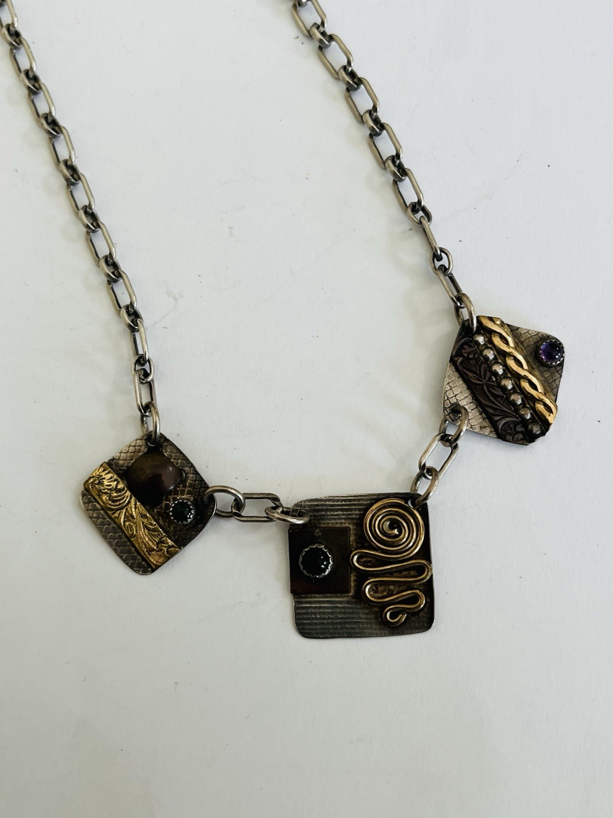 Vintage Signed MA Modernist Mixed Metal Sterling Silver Stone Link Necklace 20”
