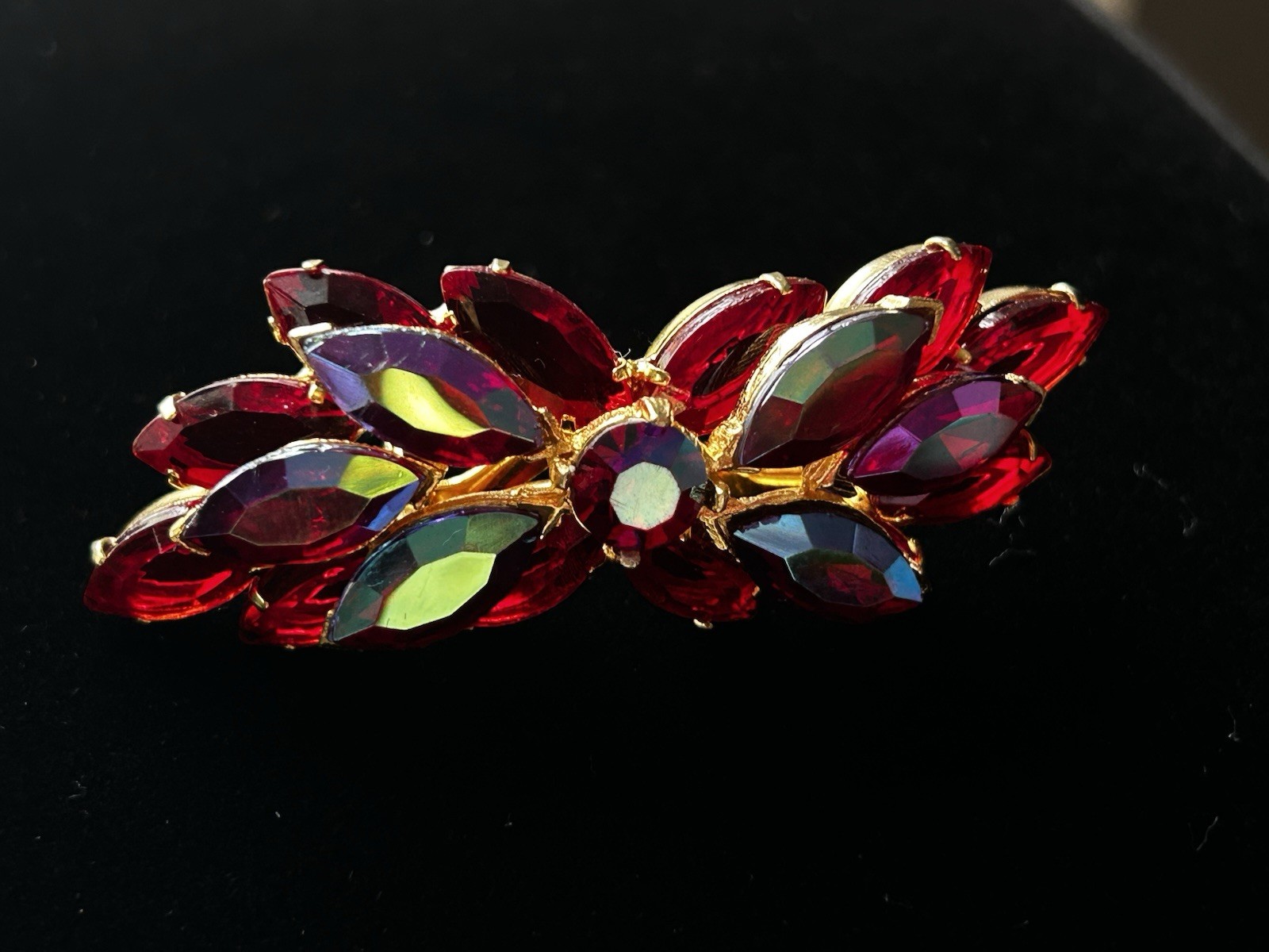 Vintage Red AB Marquise Rhinestone Gold Tone Cluster Brooch Pin 21g