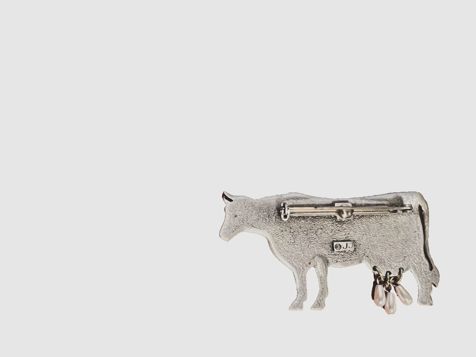Vintage JJ (Jonette Jewelry) Pewter Cow Pin with Faux Pearl Udders