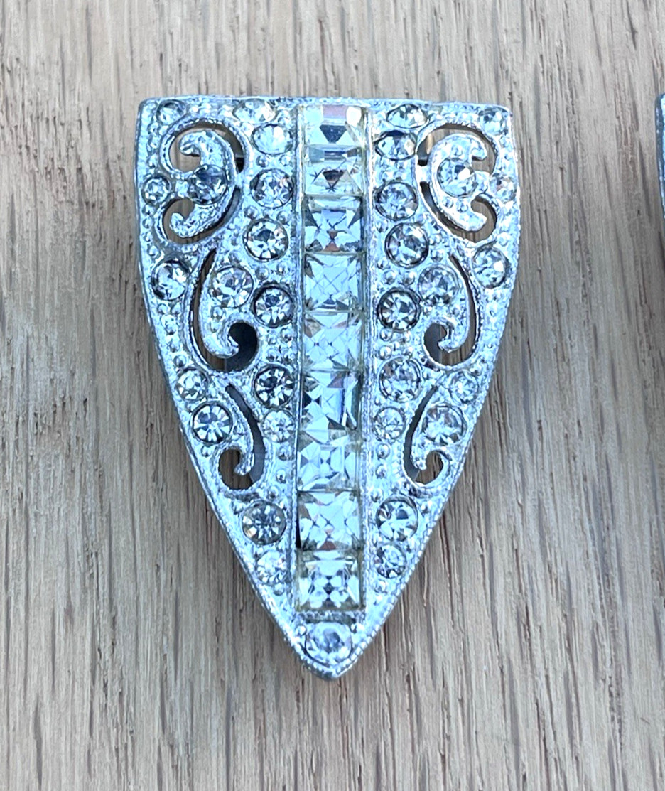 Antique Art Deco Brooch & Dress Shoe Fur Scarf Clip Clips Lot Silver Tone Clear