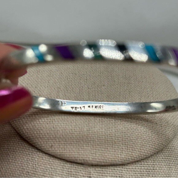 Vintage Taxco Mexico Hinged Sterling Onyx Charoite Malachite Azurite bracelet
