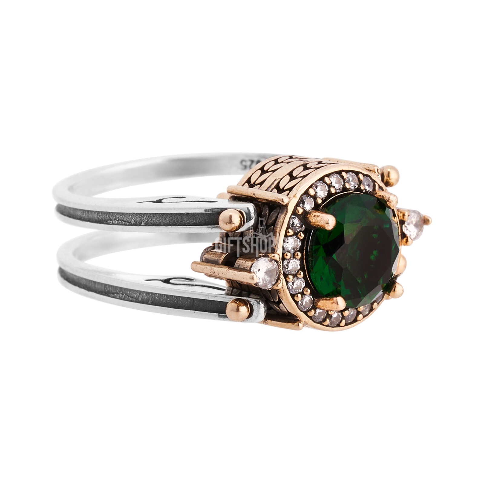 Turkish Reversible Round Emerald and Black Onyx Topaz 925 Sterling Silver Ring