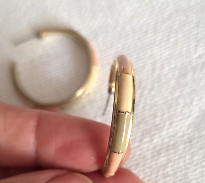 Vintage Express Gold Toned Pierced Hoop Earrings With Muted Pink & Green Enamel