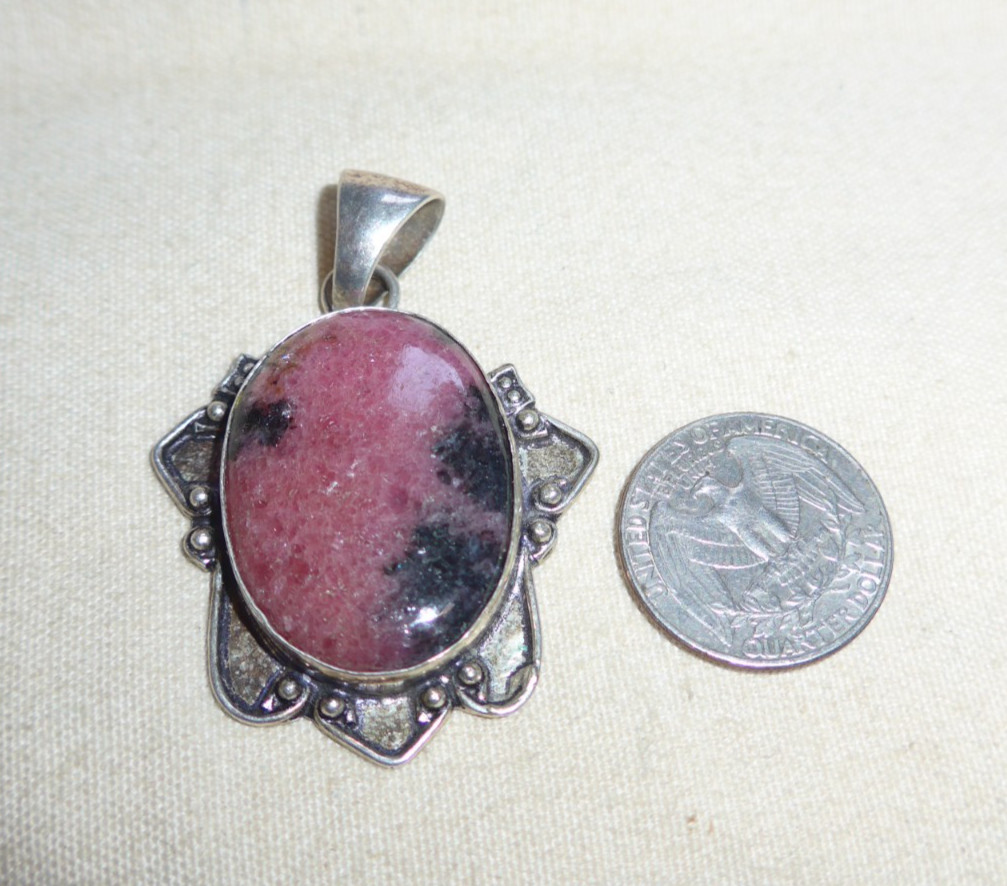 925 Sterling Silver Vintage Rhodonite Gemstone Large Pendant