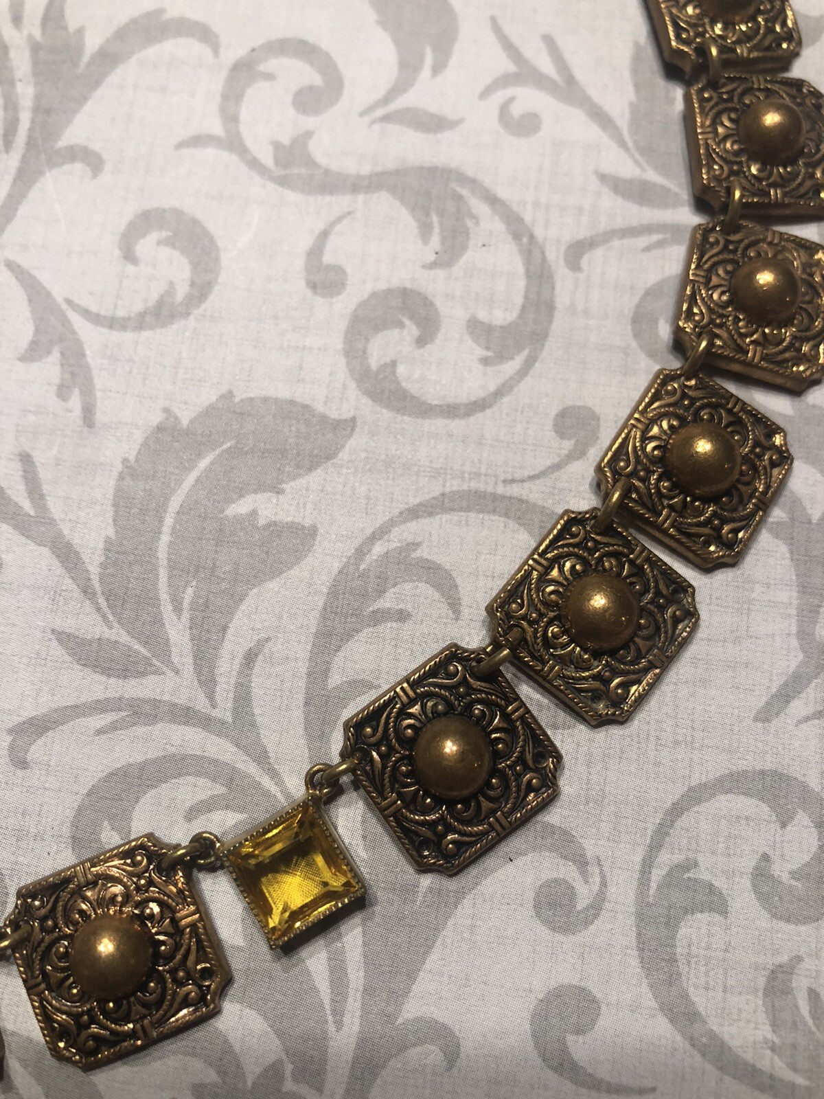 Atq Art Deco Czech Signed Vaseline Topaz Glass Asian Crane Panel Necklace-Estate