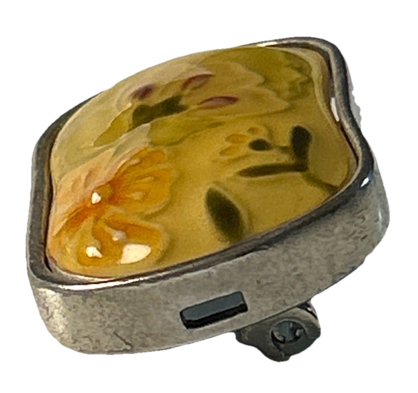 Vintage Hand Painted Glass Floral Brooch Yellow Green Orange Silver Tone 1 3/8”