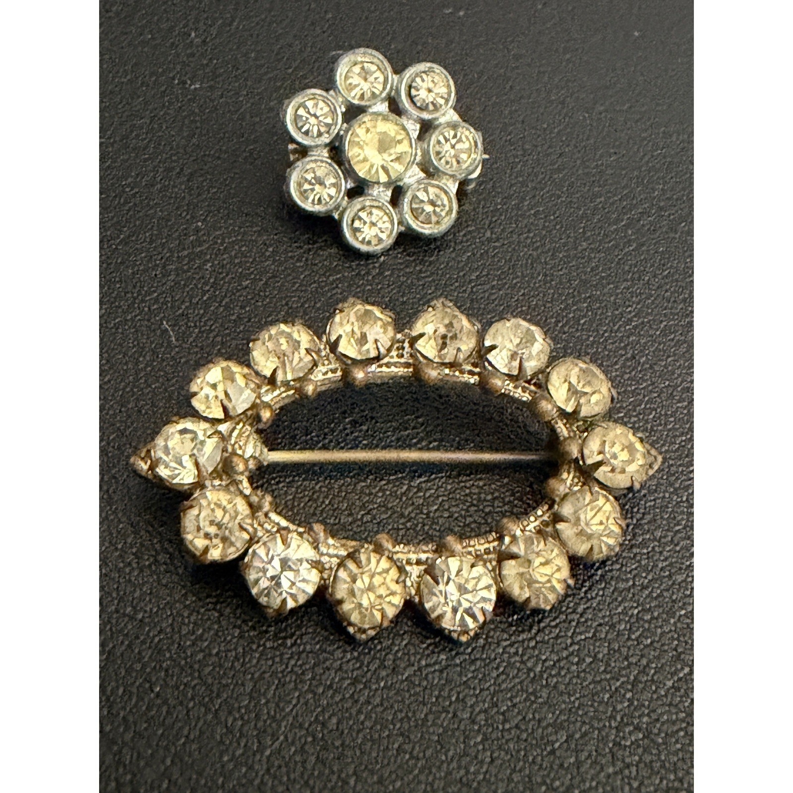 Vintage Rhinestone Brooch Oval Wreath Floral Cluster Pins Silver