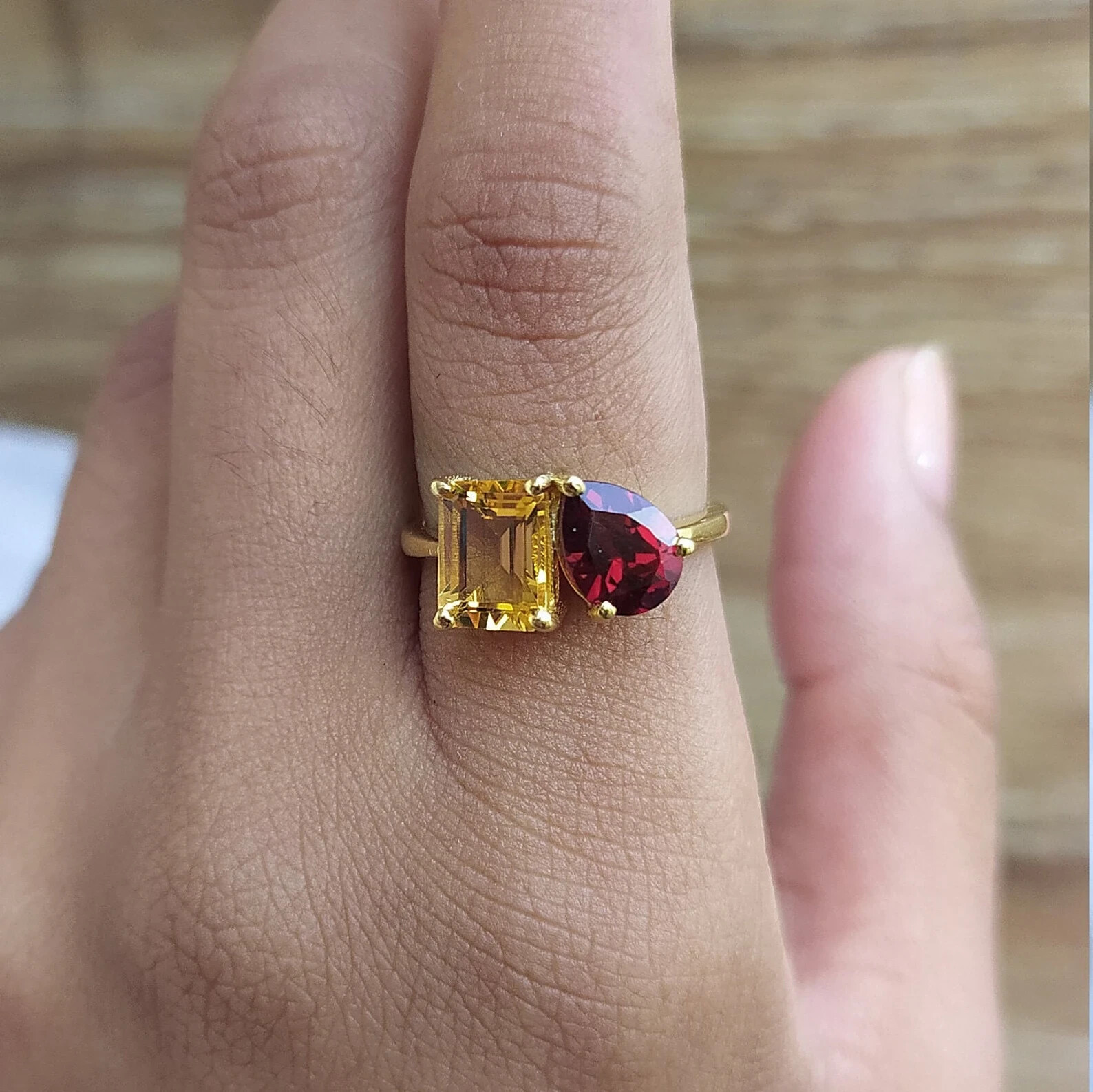 14K White Gold Plated Emerald and Pear Cut Lab Created Citrine & Garnet Ring