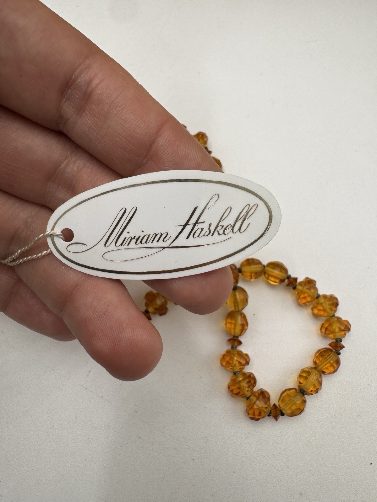 Vintage Miriam Haskell Amber Glass Bead Necklace with Rhinestone Ball Accent
