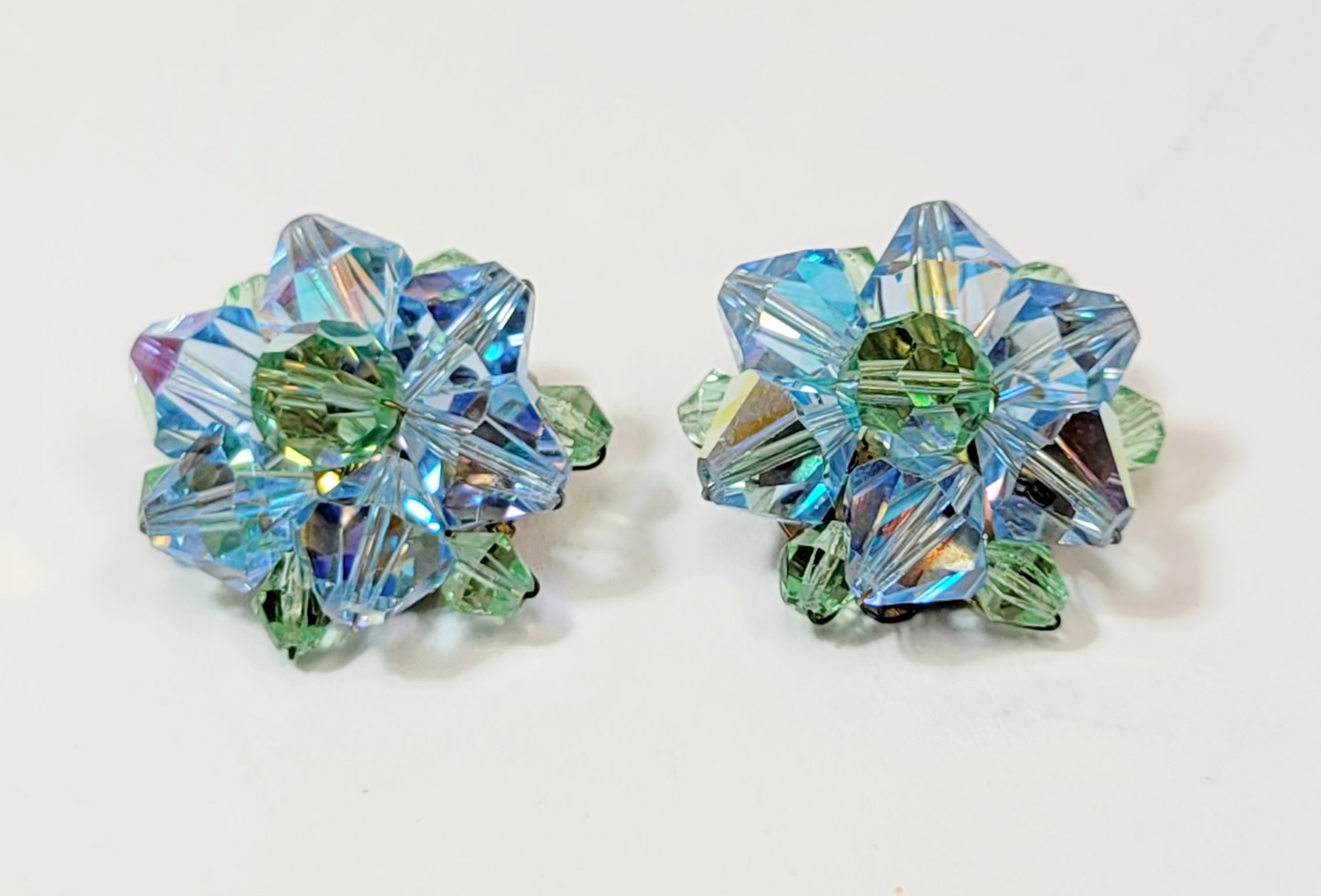 Vintage Green Blue Crystal Bicone Bead Cluster Earrings