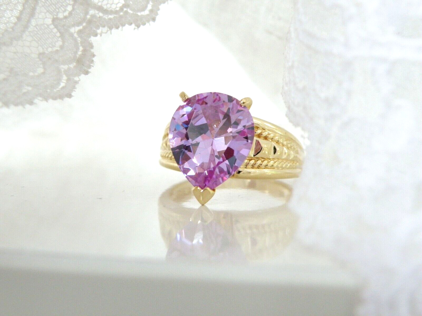 Vintage Sterling Silver 925 Gold on Pink Purple CZ Large Ring Size 10