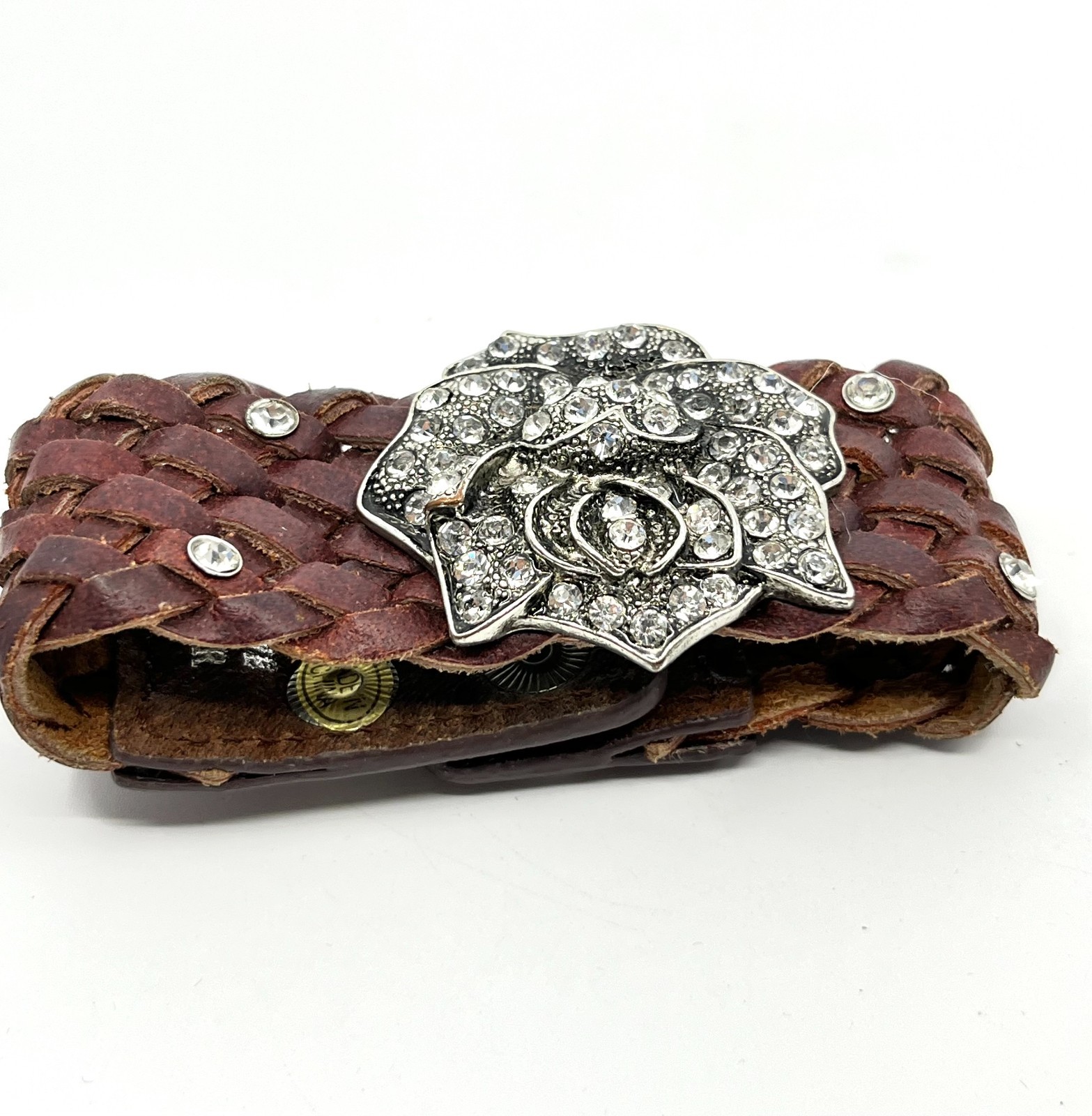 Vintage Y2K Brown Braided Leather Rhinestone Flower Cuff Bracelet Boho Retro