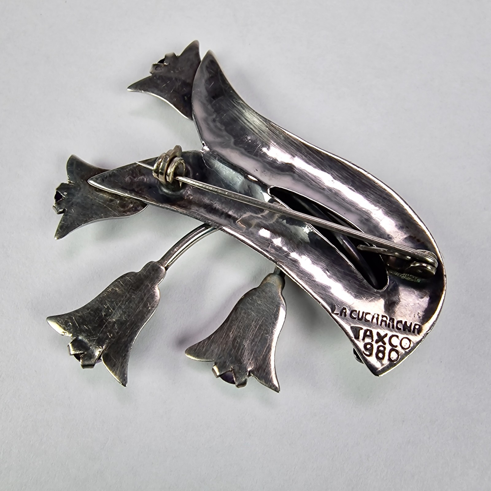 La Cucaracha Amethyst Tulip Flower Pin Brooch 980 Silver Taxco Mexico 1930 to 50