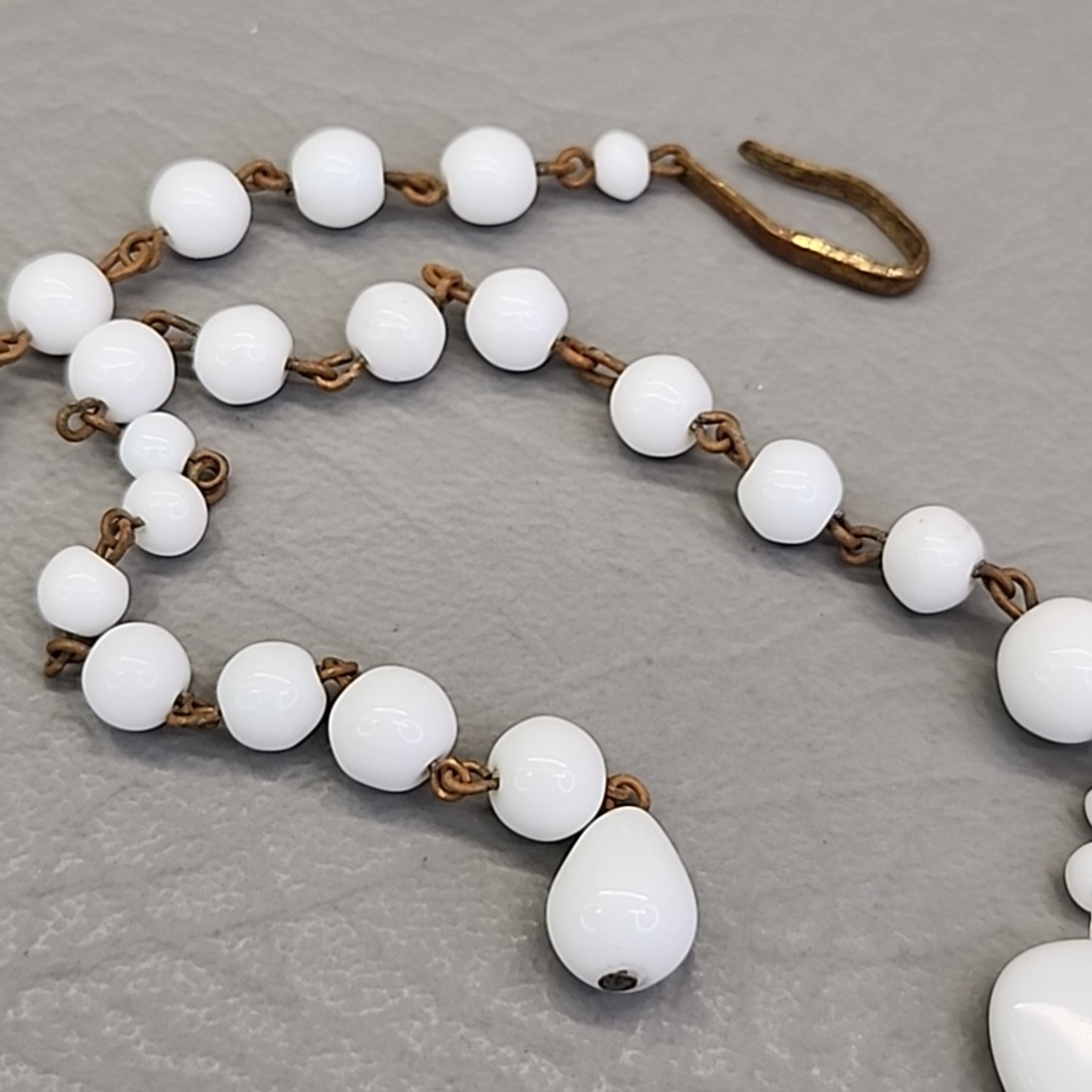Vintage Beaded Necklace White Milk Glass Choker Hook Clasp West Germany 16″