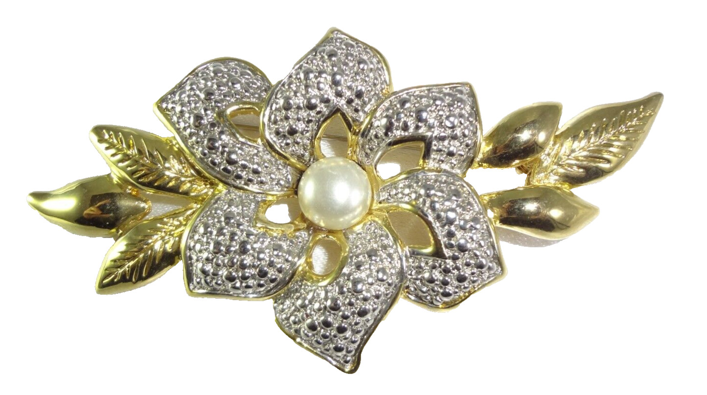 Simulated / Faux Pearl Cabochon Two Toned Flower 3 1/2 Inch Large Brooch / Pin!