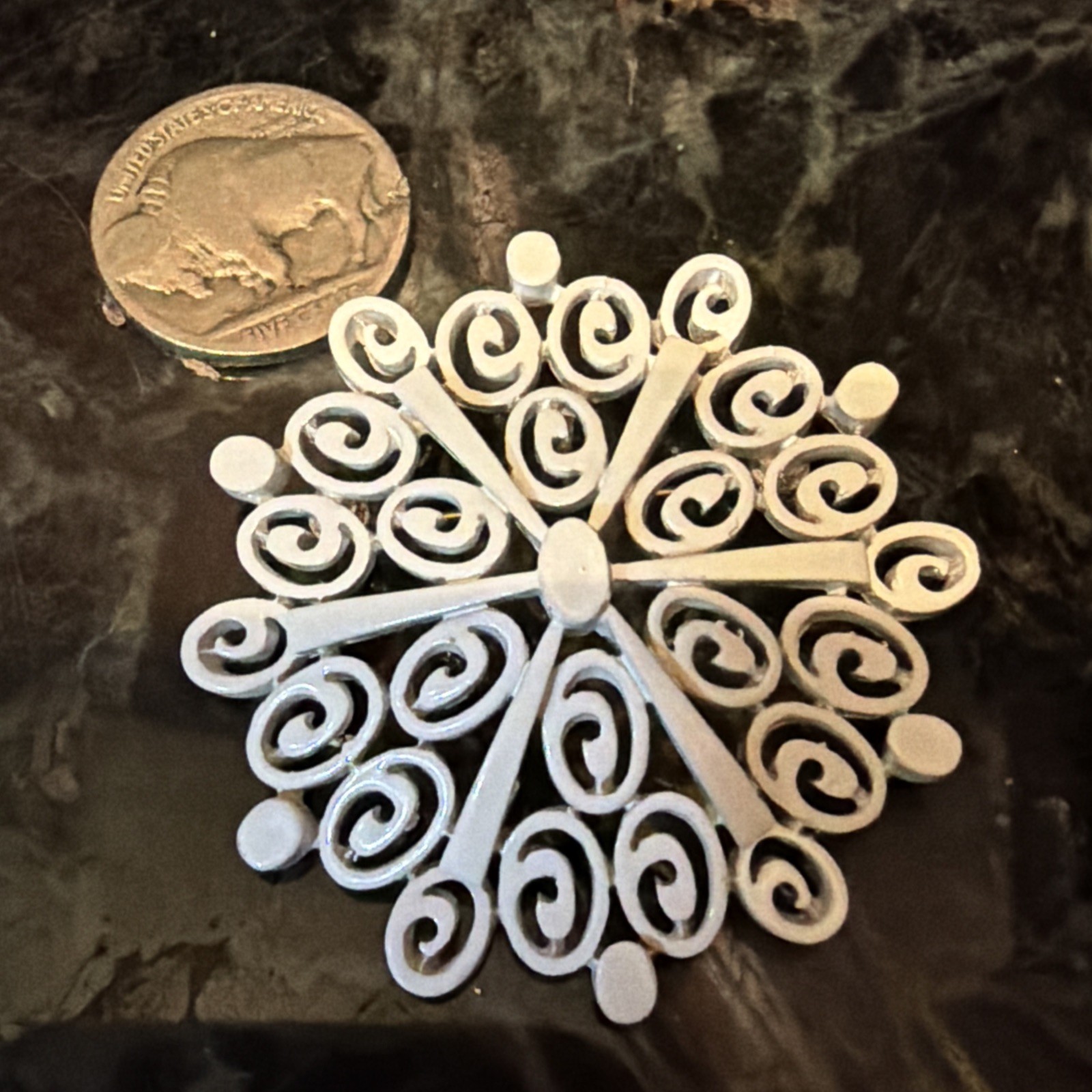 Vintage Crown Trifari Scroll Work 2” Brooch White Enamel Finish G/T Pin MINT A1