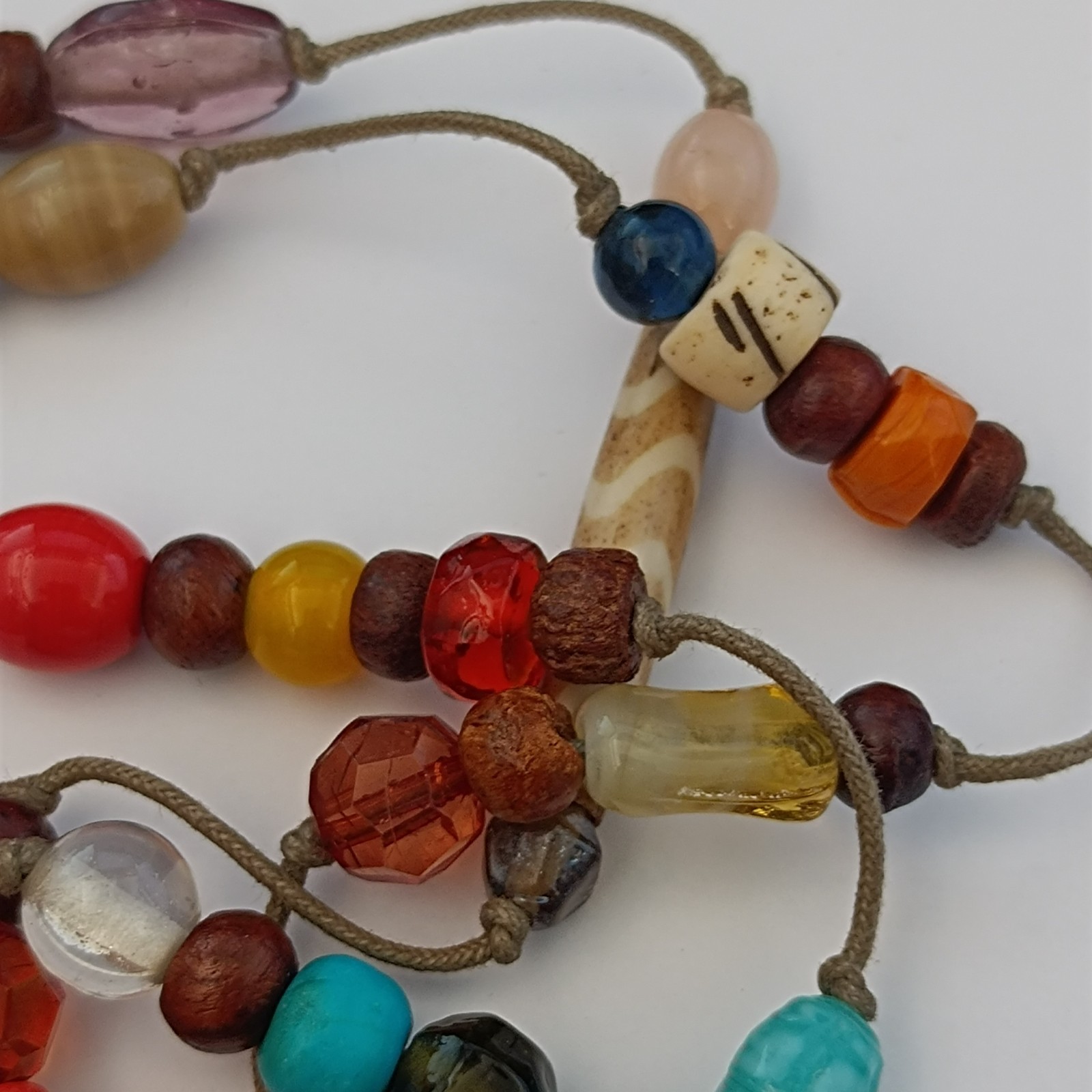 Vintage Long Boho Lariat Necklace Mixed Beads Glass Ceramic Wood Knotted Station