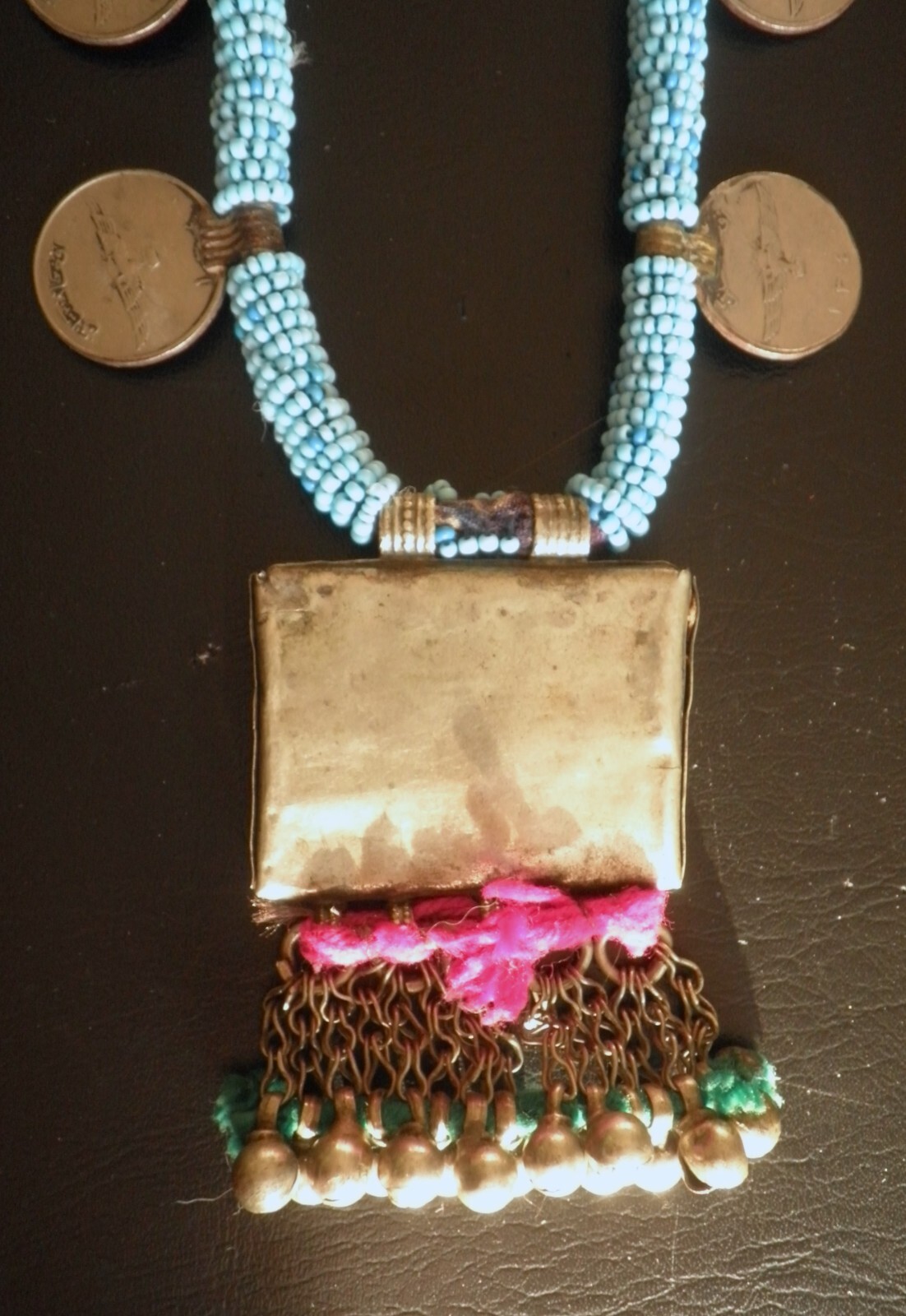 Vintage Turkoman Tribal Artisanal Wool Beaded Engraved Metal Statement Necklace