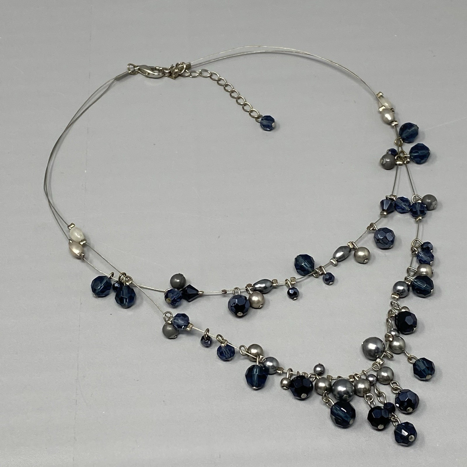 Glass Bead Fringe Necklace Blue Gray Station Layered Collar Memory Wire 19″