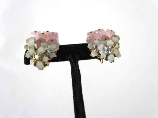 Vintage Sandor Earrings Rose Quartz Floral Cluster Enamel AB Rhinestones RARE