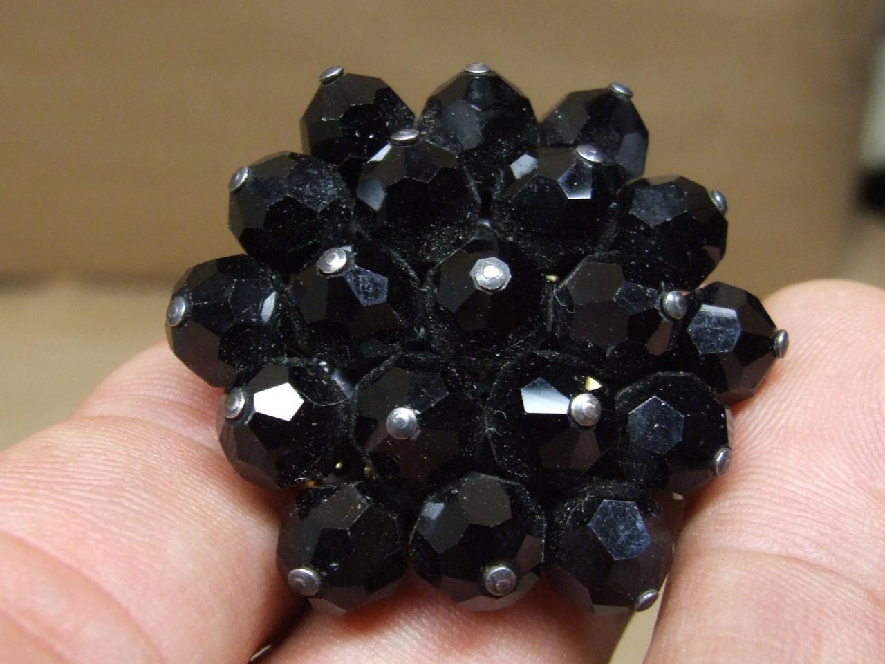 Vintage Black Faceted Glass Flower Pin Brooch 1 1/2 inches Across