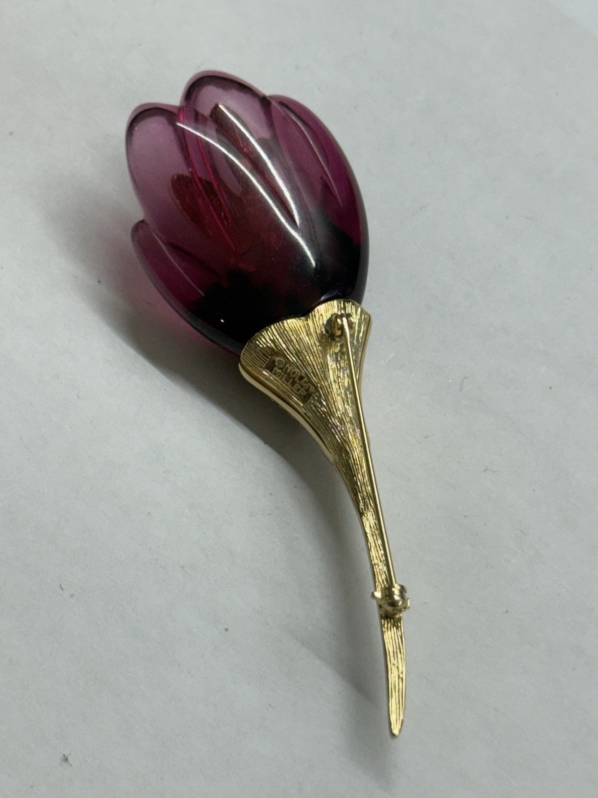 Nolan Miller Iris Floral Brooch, Amethyst Lucite, Rhinestones 3.5″