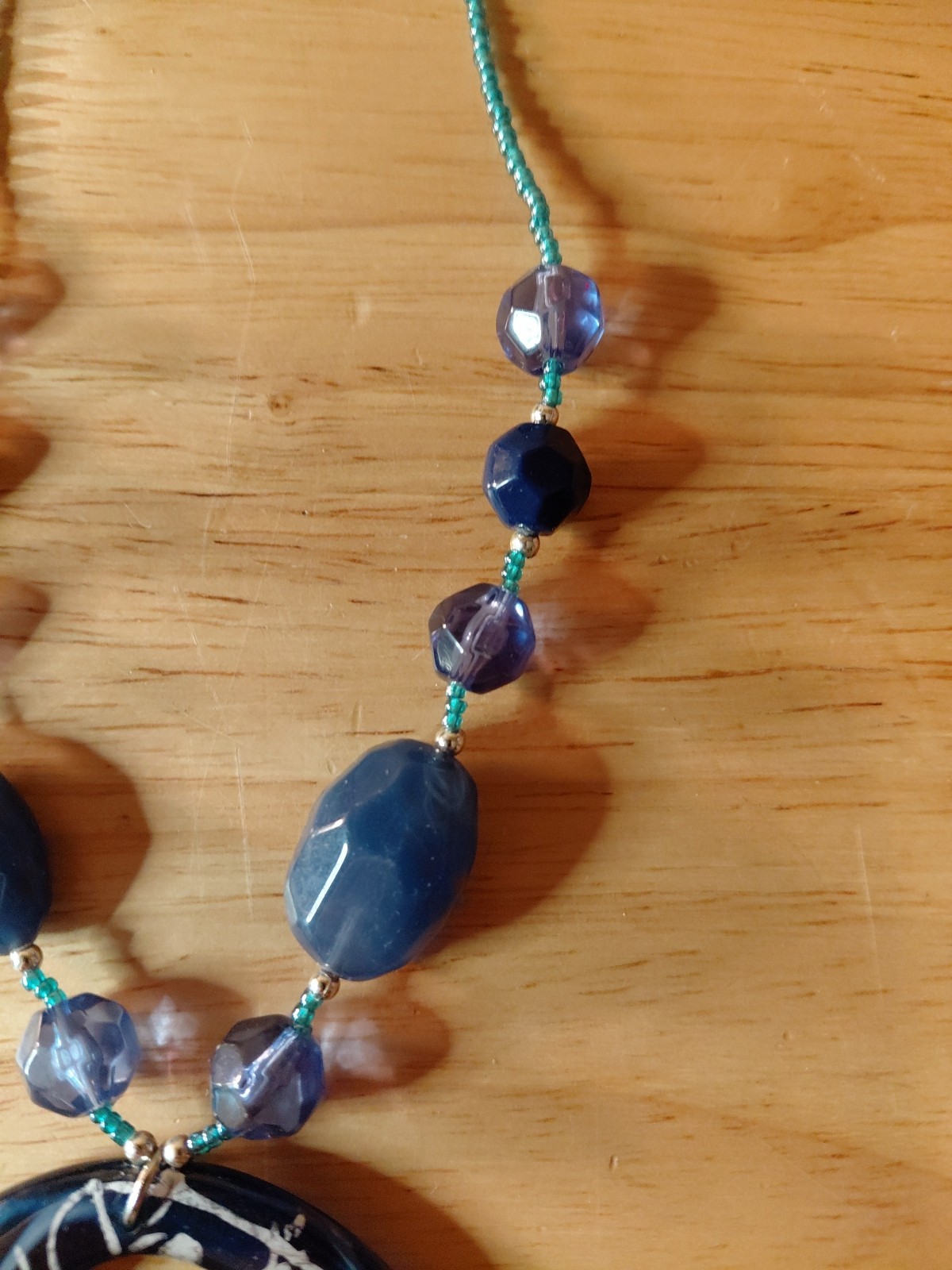 Blue Acrylic & Glass Bead Pendant Necklace – Handbeaded – 15″
