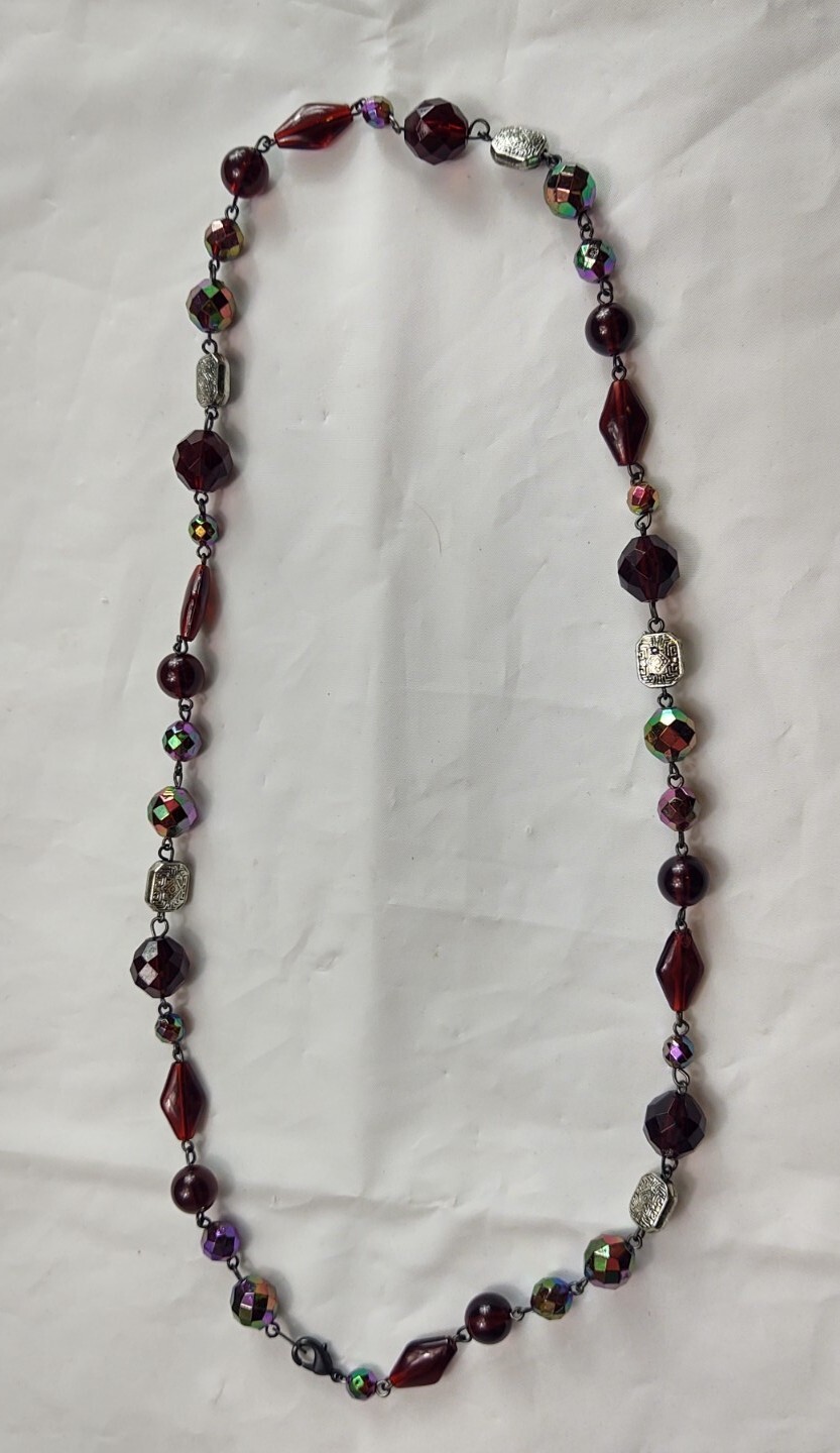 Vtg Beaded Necklace Silver Tone Clasp Red Iridescent Ornate Silver Tone Beads