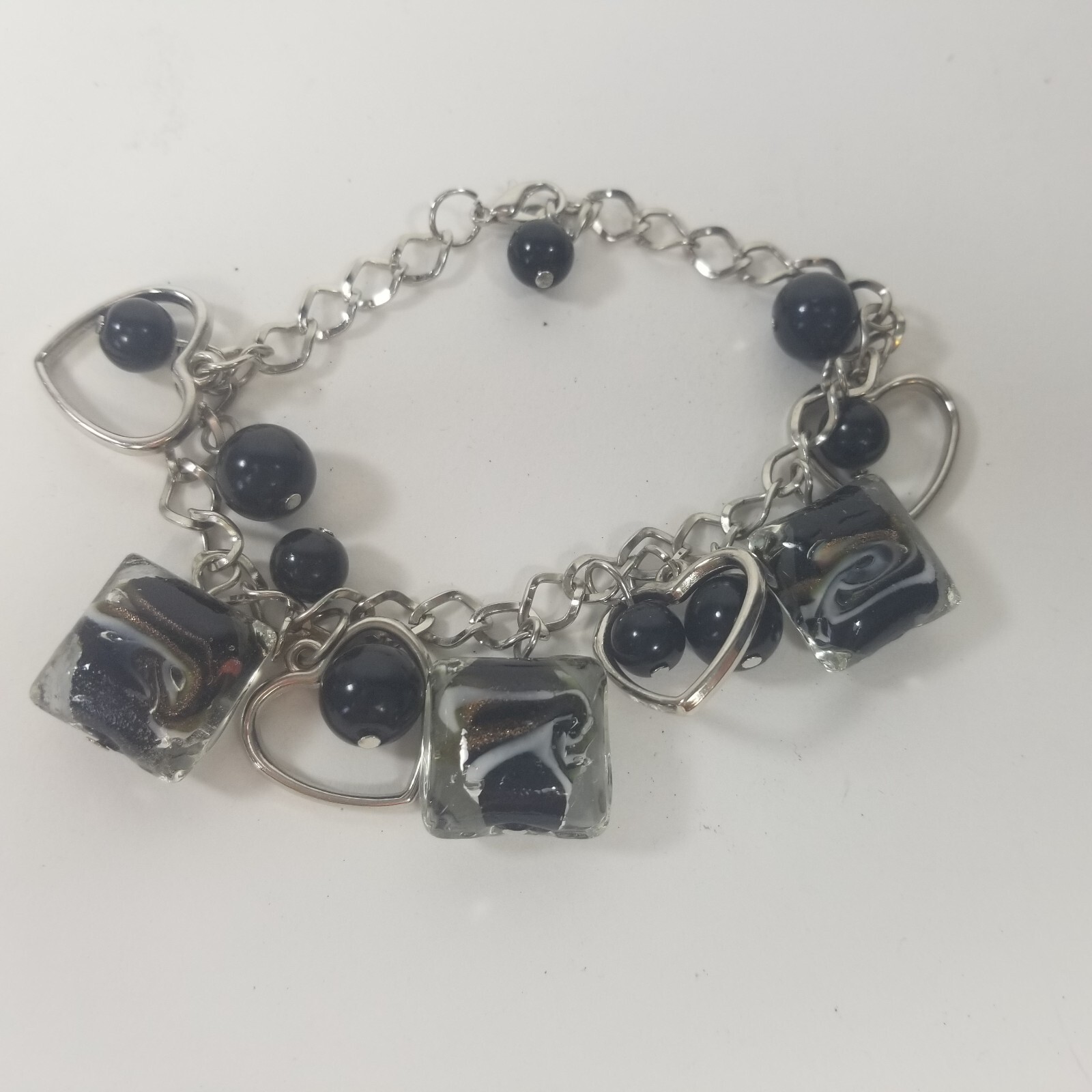 Charm Bracelet Black Silver Tone Heart Glass Bead Dangle 7-9″