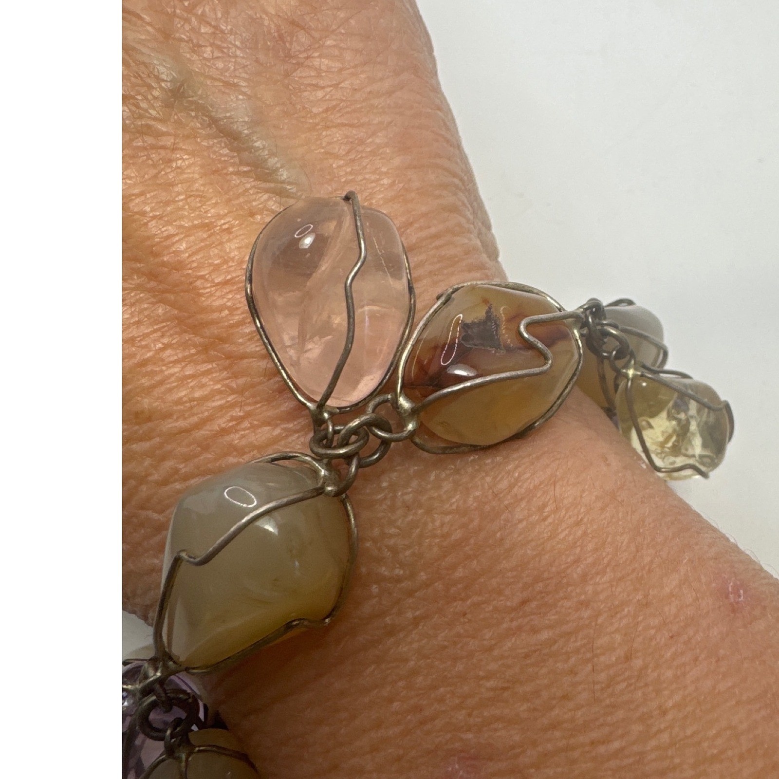 Vintage Wire Wrapped Tumbled Gemstone Charm Bracelet Multi Color Boho 7.25 In
