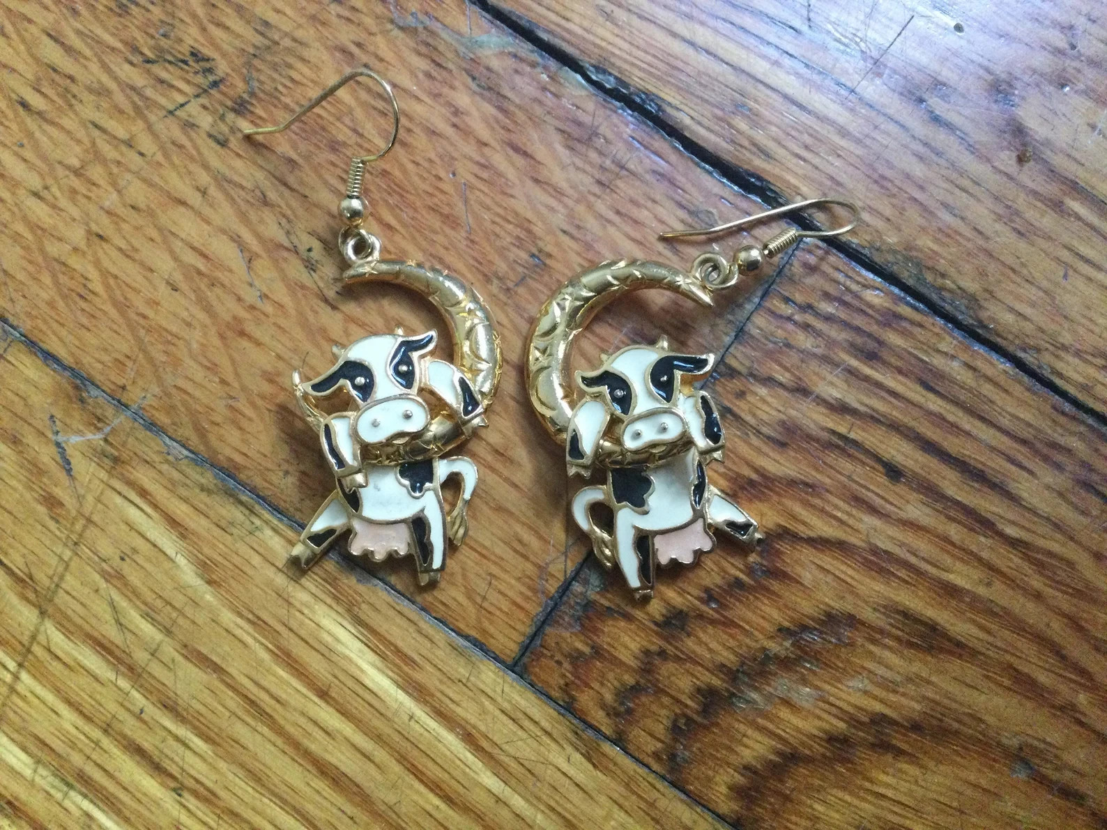 Vintage Cow Earrings Articulated Berebi Jump Over the Moon Enamel Pierced Dangle